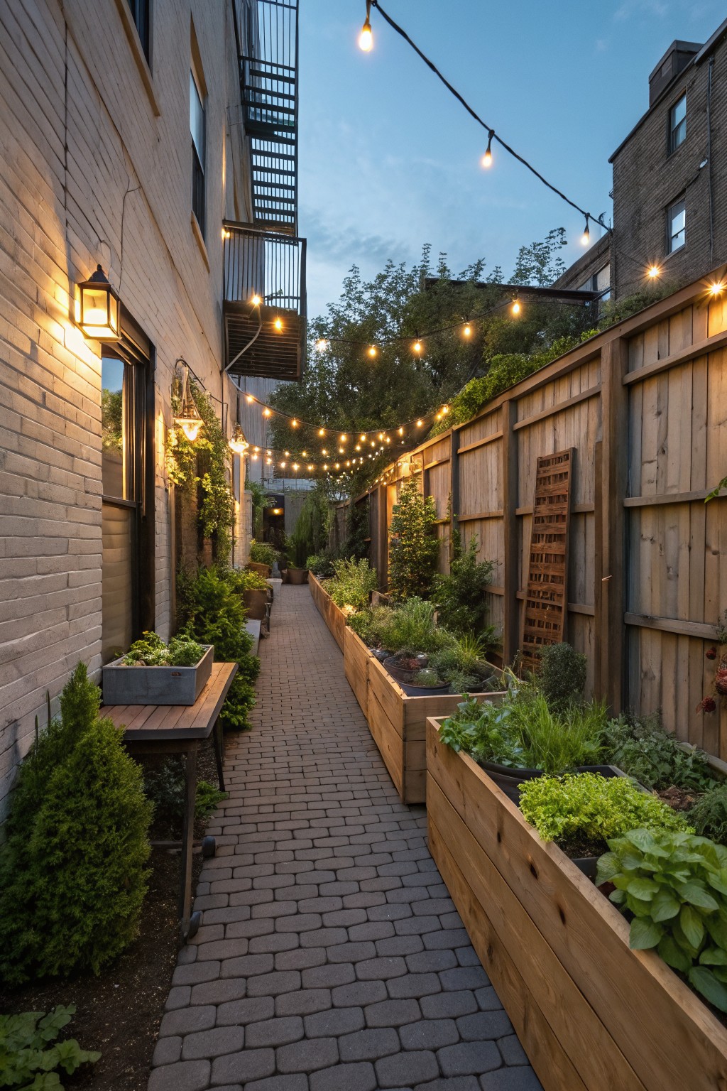 Narrow brick pathway between brick buildings lined with long wooden raised planters filled with herbs, greens, and small shrubs, with string lights strung overhead and wall lanterns.