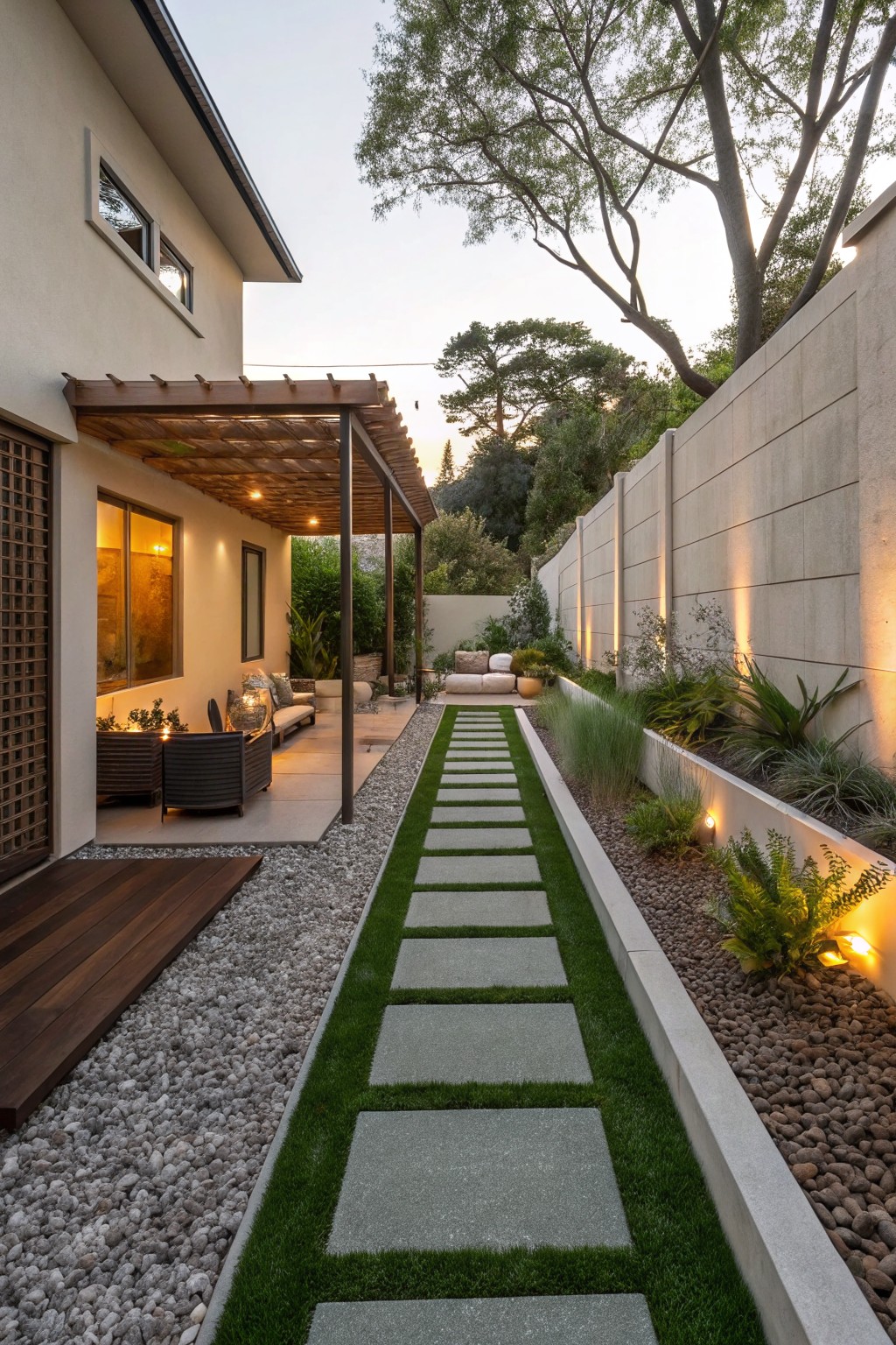 Narrow backyard side yard with concrete stepping stone pathway set in artificial grass strip, bordered by white pebbles and low plants along a tall concrete wall, adjacent to a covered patio with seating.