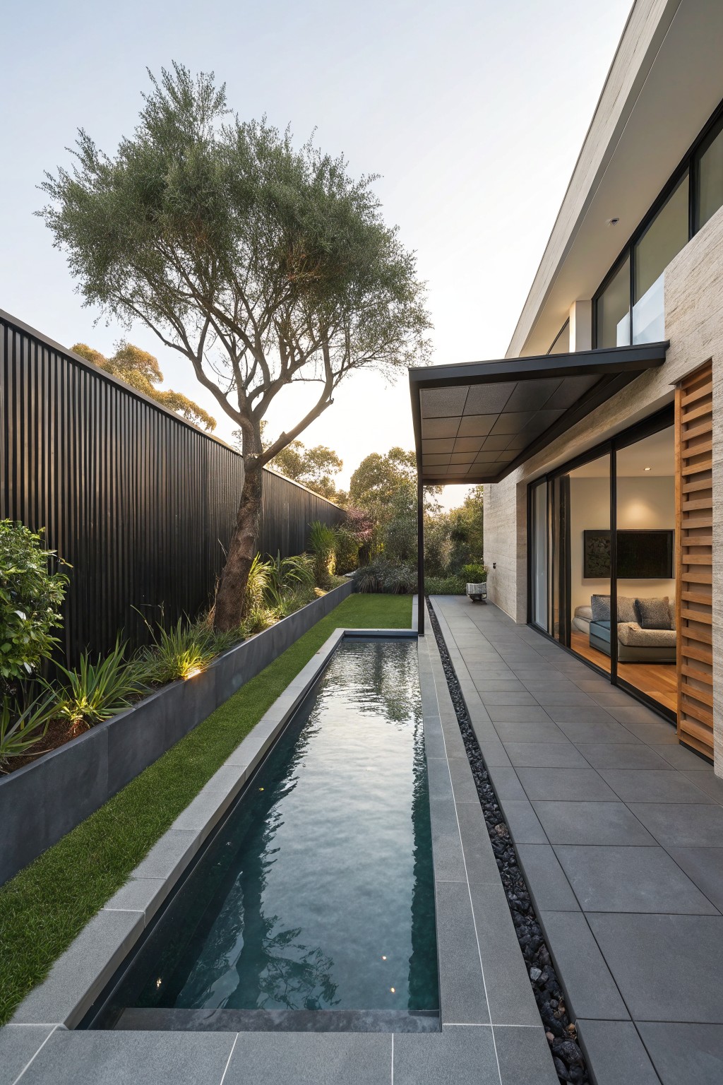 Long narrow in-ground pool alongside a modern house patio with gray tiles, black pebble edging, grass strip, planting beds, olive tree, and black fence in the background.