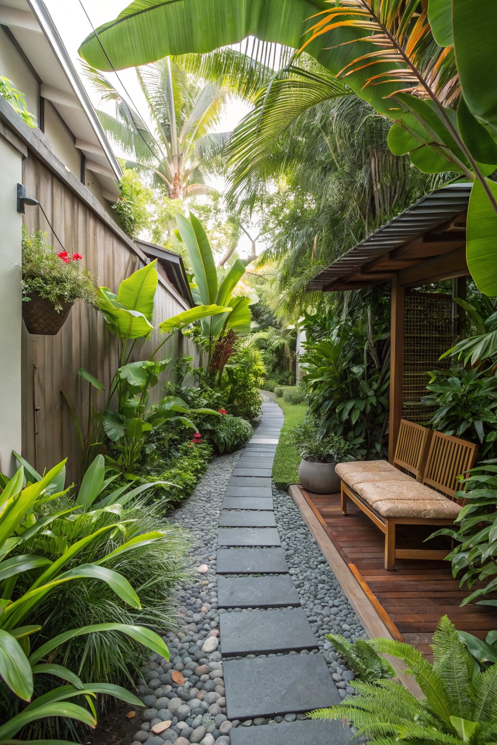Narrow backyard path of dark rectangular stone pavers edged with gray river rocks, lined by dense tropical plants including banana trees and ferns, leading to a wooden deck with cushioned benches.