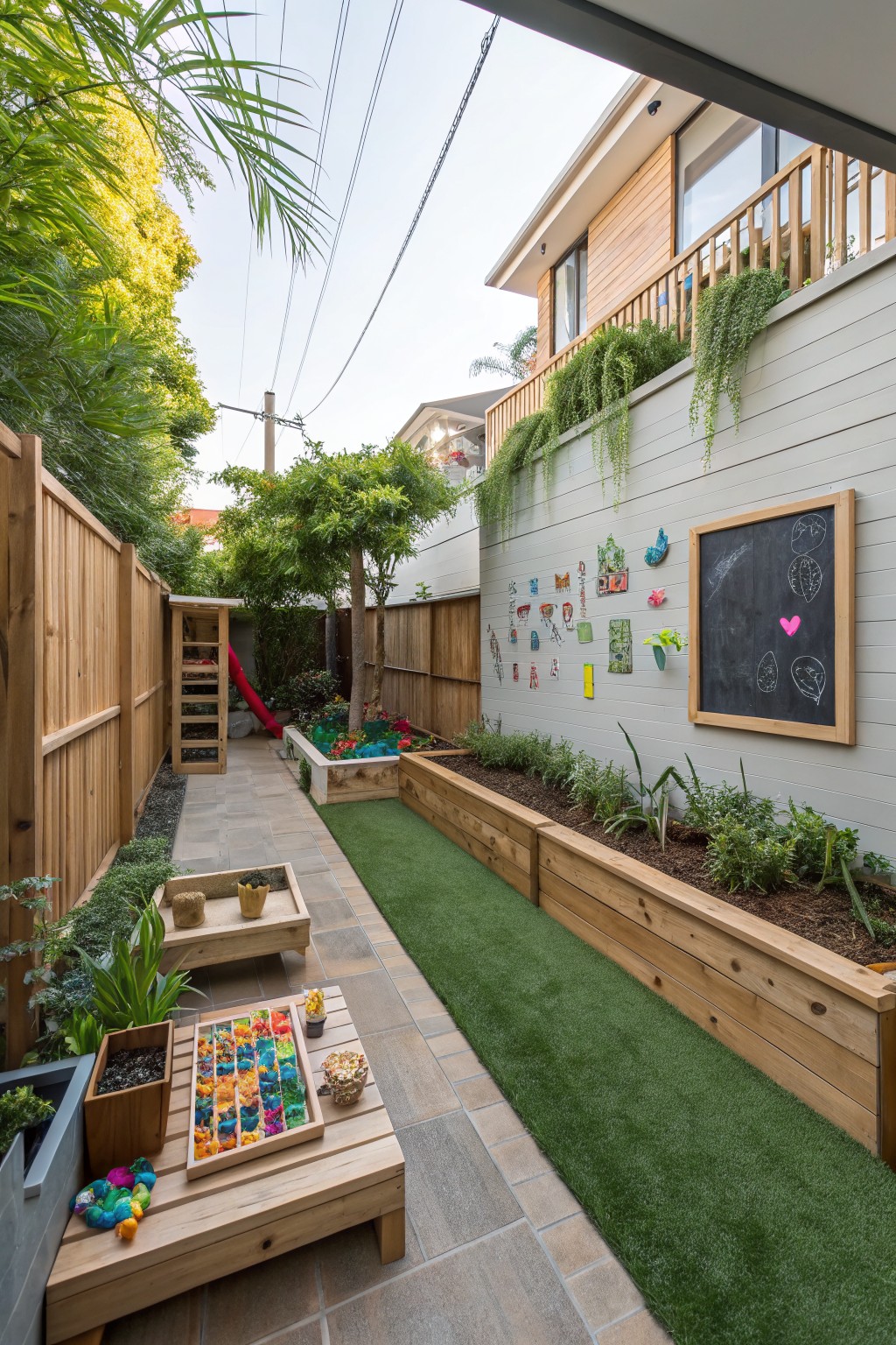 Narrow backyard alleyway with central artificial turf path, wooden raised garden beds along one side containing plants, children's play structure with ladder and red slide, sandbox table, and wall-mounted chalkboard with drawings on the house side.