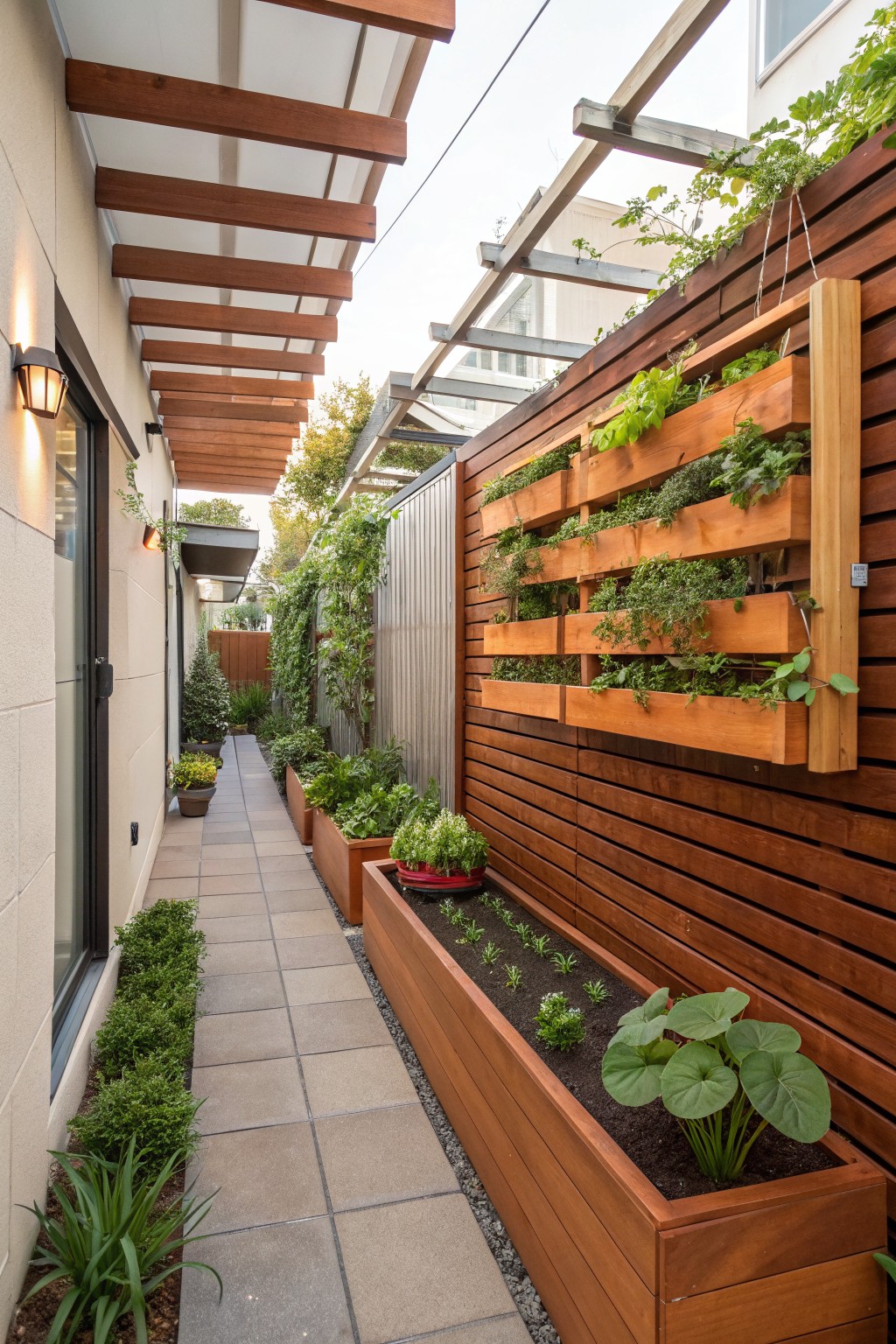 Narrow paved pathway beside a light-colored house under a wooden pergola, with a tall vertical wooden planter on the fence filled with herbs and greens, plus long wooden planters along the path holding small plants and shrubs.