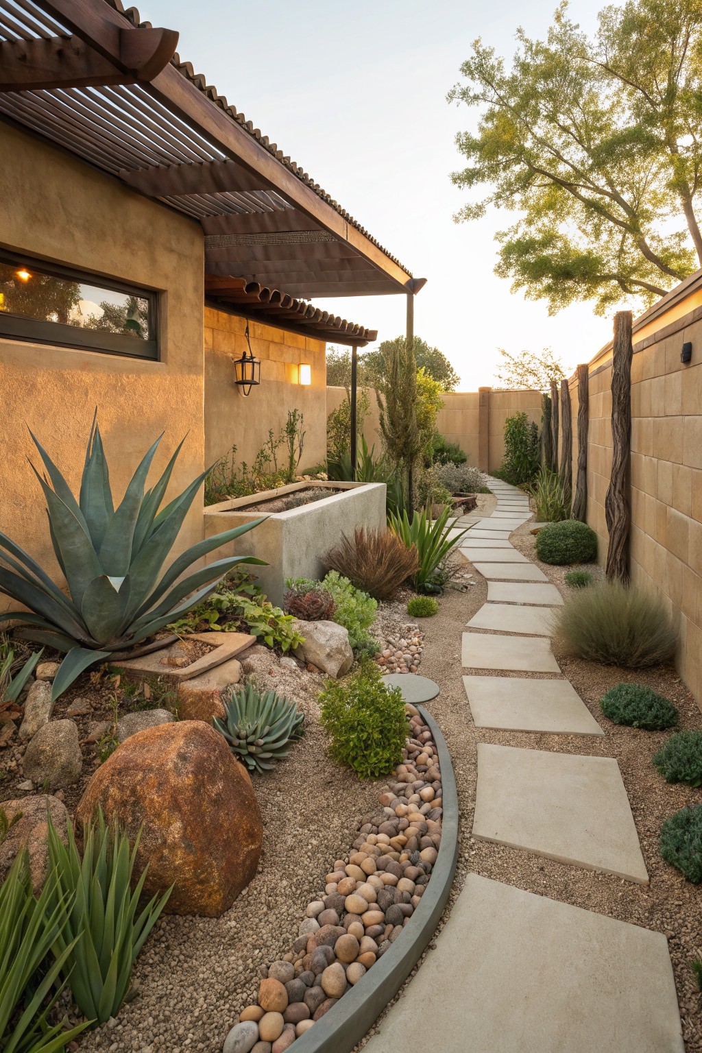 Narrow backyard pathway of irregularly spaced concrete stepping stones curving through gravel ground cover edged with river rocks, flanked by agave plants, boulders, and other succulents next to a stucco house wall and wooden fence.