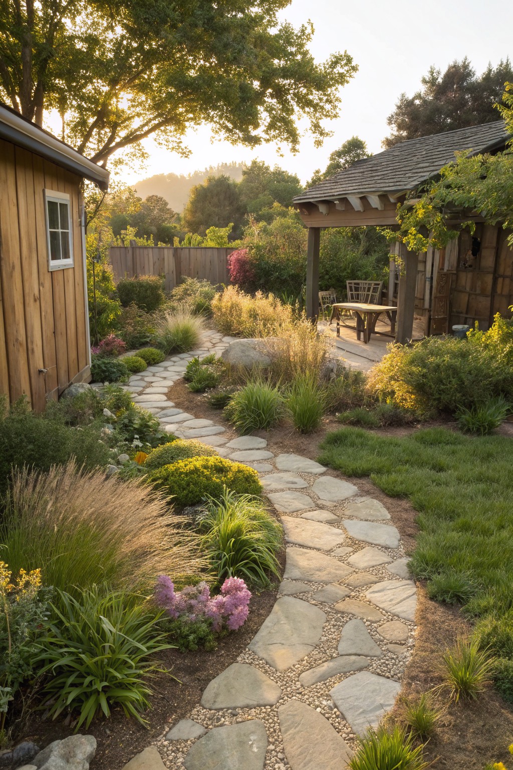 A winding flagstone path curves through a narrow backyard garden planted with tall ornamental grasses, low shrubs, and perennials, leading from a wooden shed past a pergola-covered seating area to a grassy edge, with trees and hills in the background at sunset.