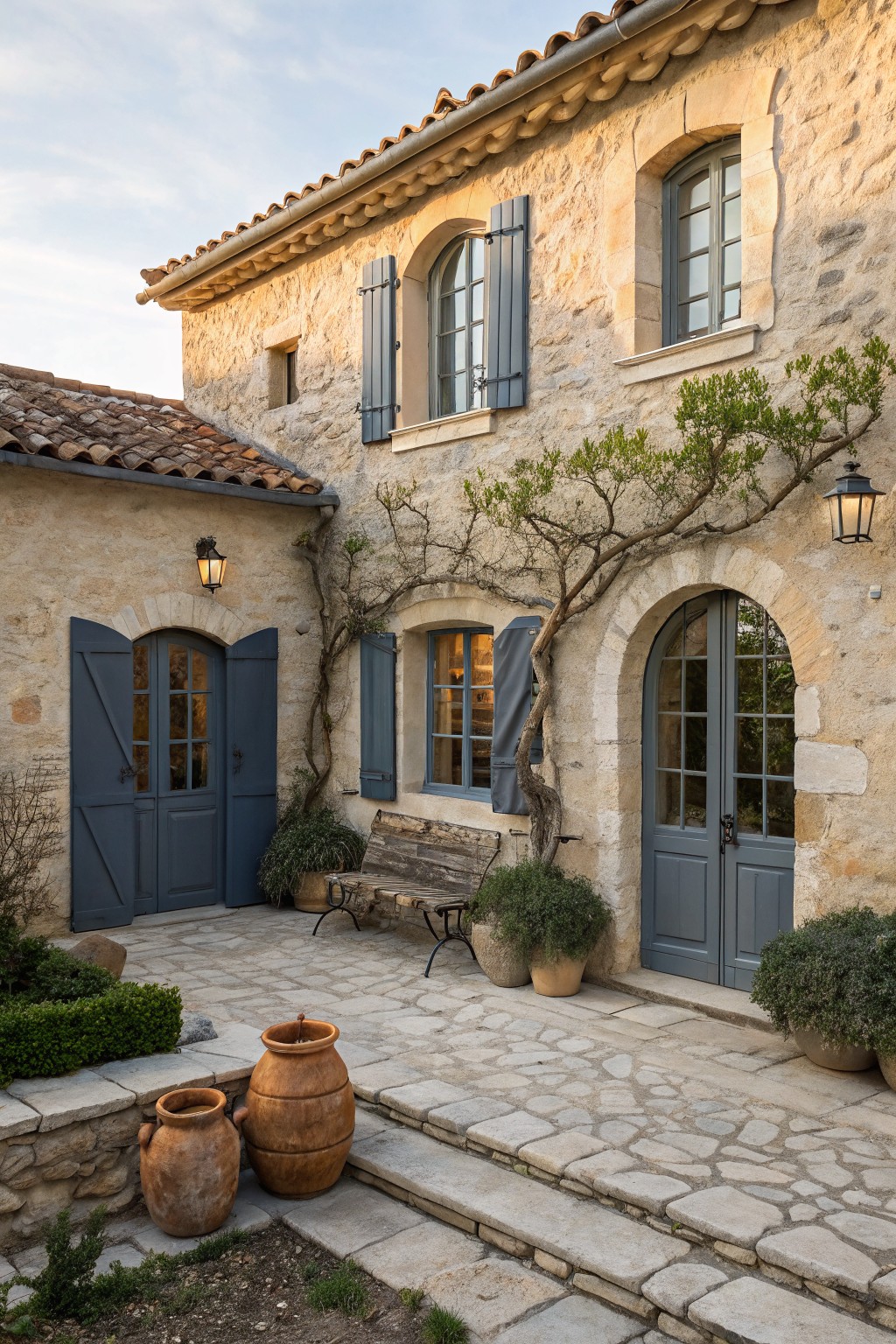 Stone house exterior with muted blue gray doors and shutters.