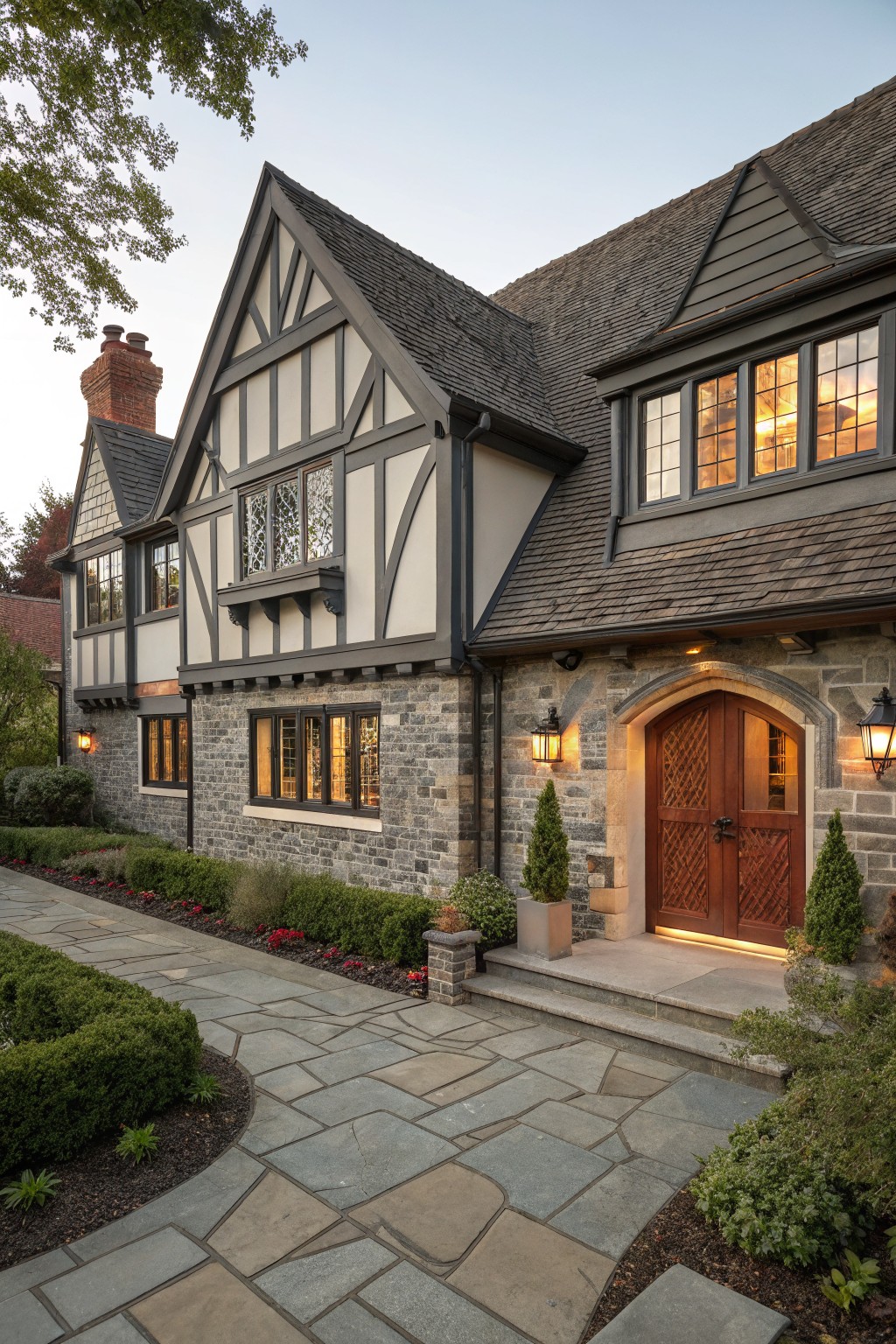 A Tudor house exterior with dark timber framing and warm off white panels between the beams.