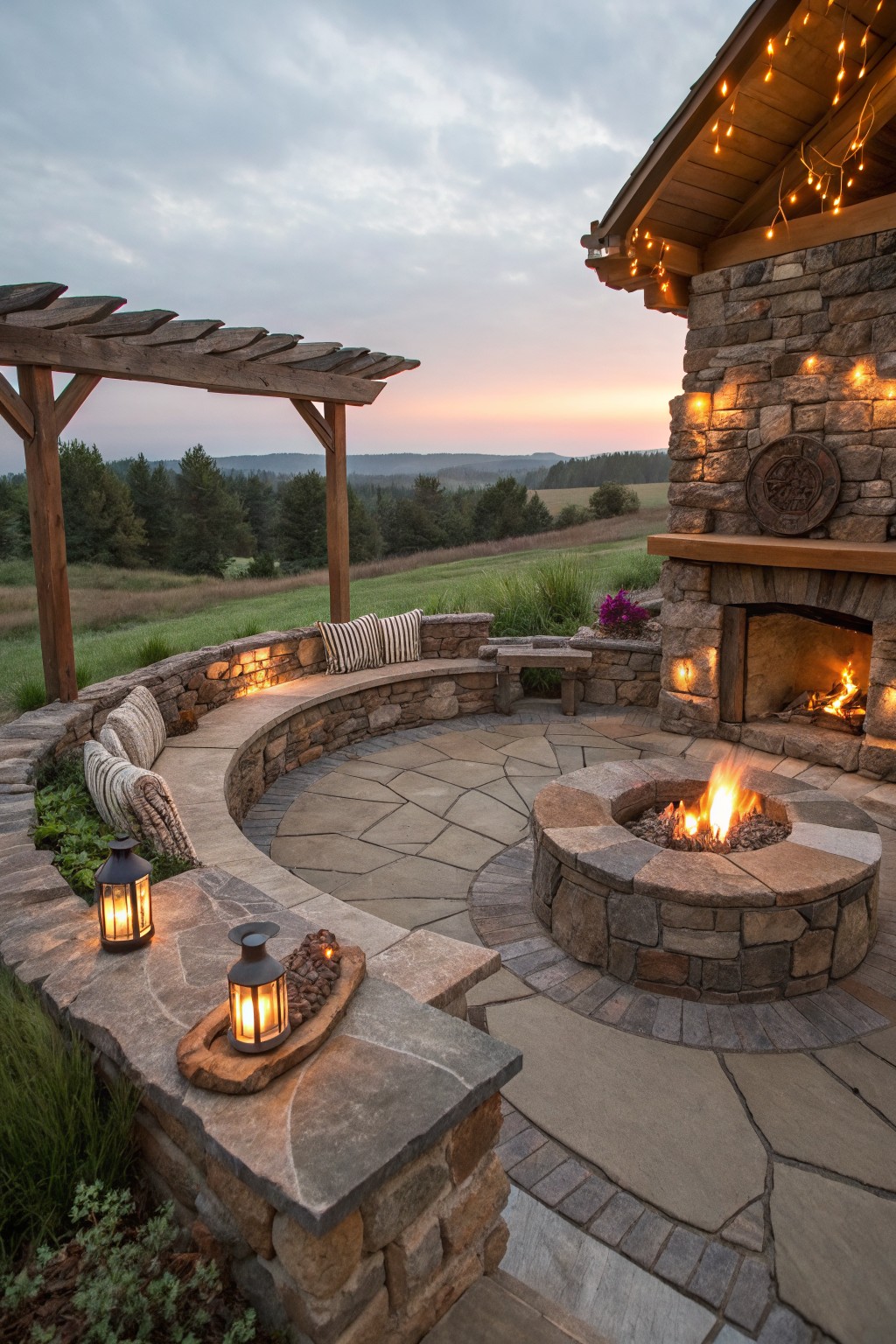Curved stone bench seating encircling a central gas fire pit on a paved patio, flanked by low walls with lanterns and plants, a wooden pergola overhead, and a stone outdoor fireplace nearby at dusk.