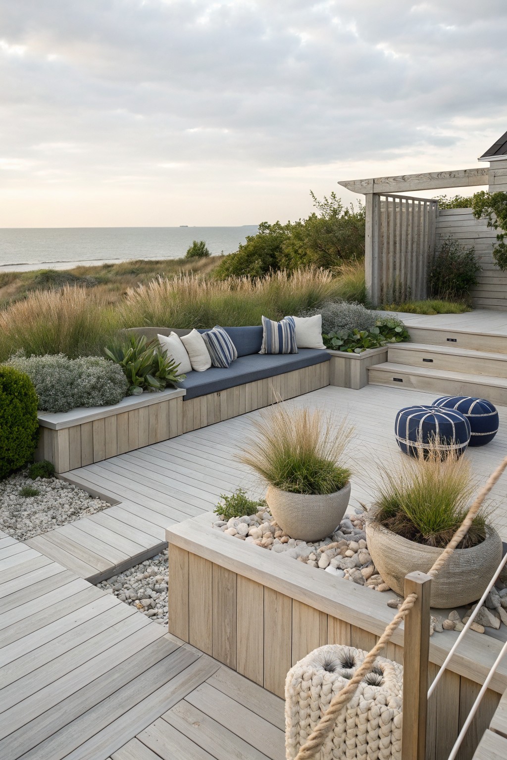 Wooden deck overlooking ocean dunes with built-in bench seating, blue and white cushions, potted grasses, ottomans, and surrounding shrubs and pebbles.