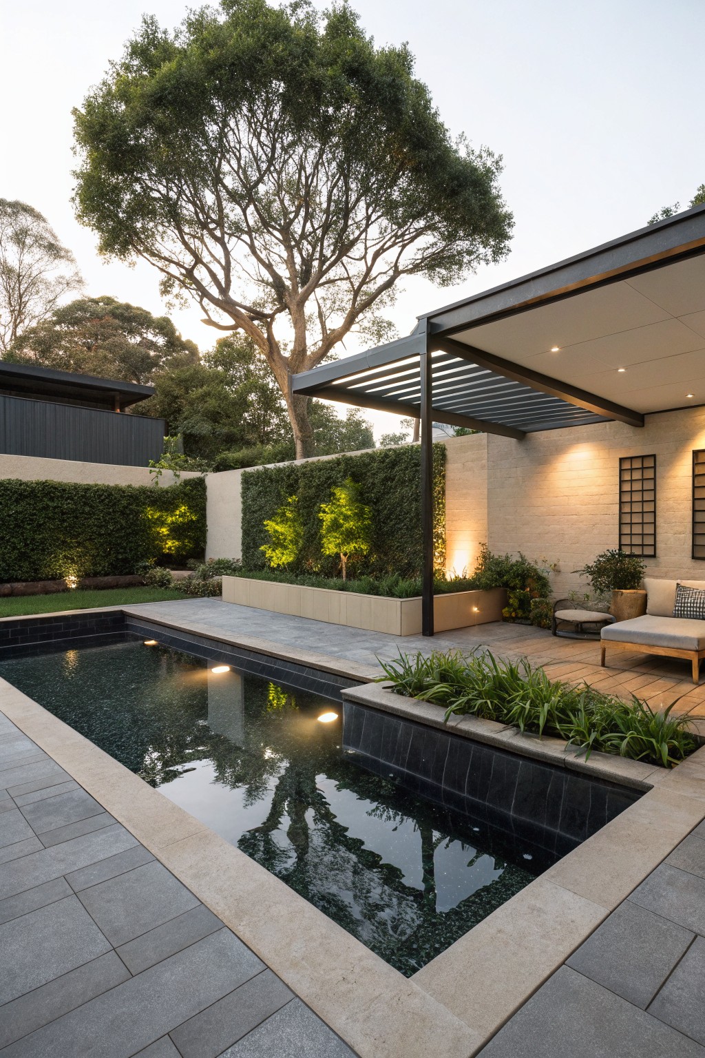 Rectangular black-tiled plunge pool edged in stone on a gray paver deck, with wooden lounge seating under a slatted metal pergola, greenery planters, brick wall, and trees in the background.