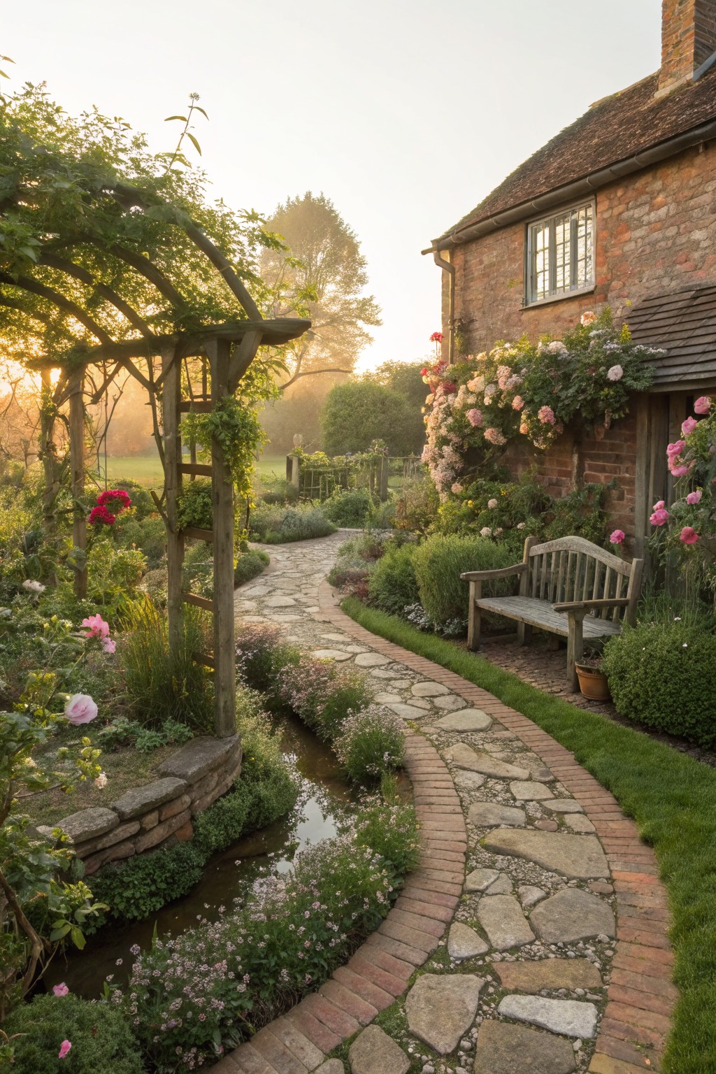 A curved flagstone path winds alongside a narrow stream through a flower-filled garden with roses, perennials, and shrubs, passing under a wooden pergola and leading to a bench beside a brick house.