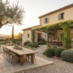 Rustic wooden dining table and chairs on a stone patio under a vine-draped pergola next to a beige stucco house, with olive trees, lavender plants, terracotta pots, and a stepping stone path in the backyard.