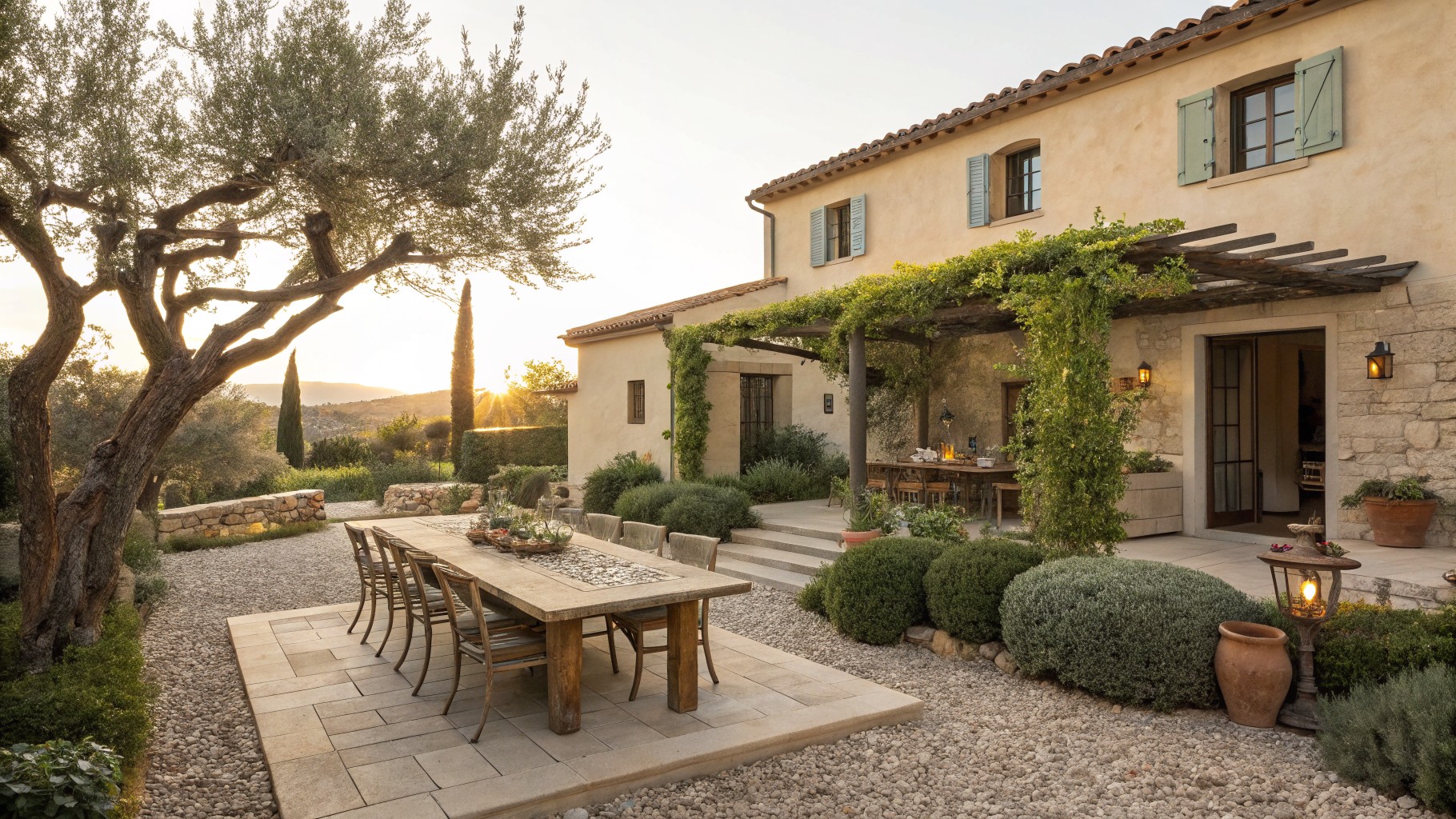Rustic wooden dining table and chairs on a stone patio under a vine-draped pergola next to a beige stucco house, with olive trees, lavender plants, terracotta pots, and a stepping stone path in the backyard.