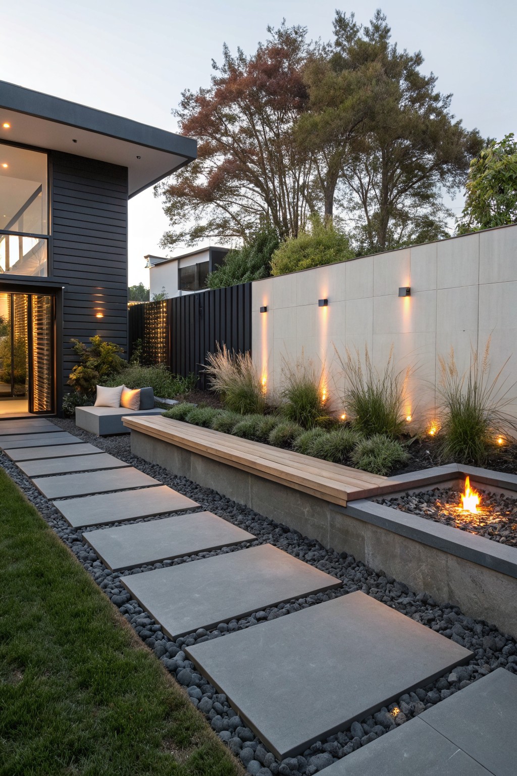 Gray stone pavers set into black gravel form a straight pathway in a backyard, edged by ornamental grasses and leading to a wooden bench beside a linear fire pit, with a modern dark house and white boundary wall nearby.
