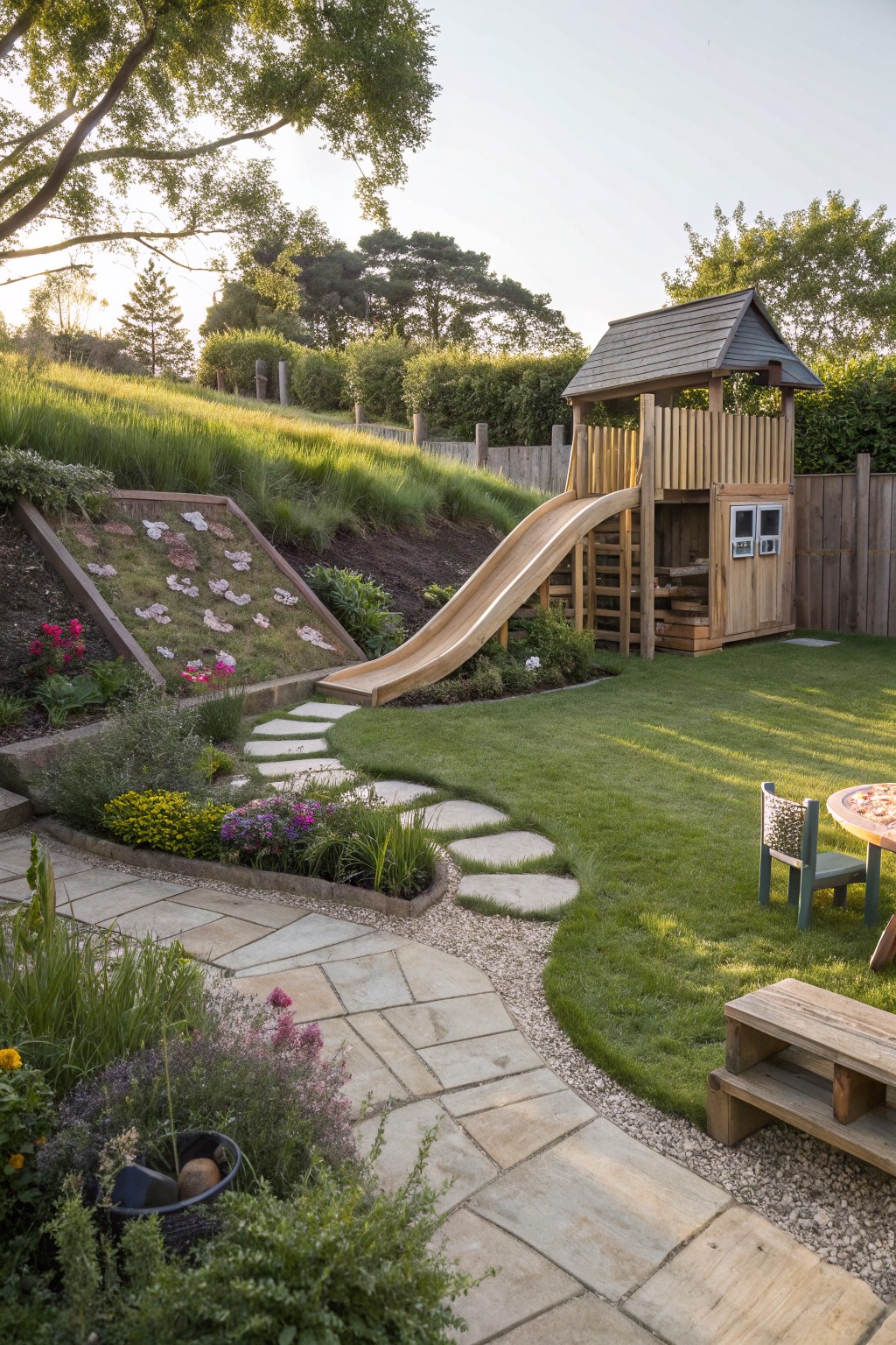 Wooden playset tower on a sloped backyard hillside with a curving slide, plant-covered climbing wall, stone stepping path, garden beds, and surrounding grass and trees.