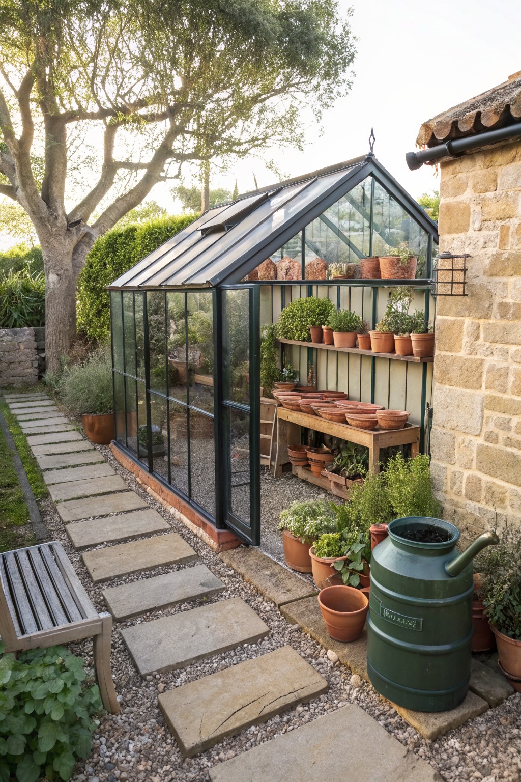 Glass greenhouse attached to a yellow stone building wall, filled with potted plants on shelves and benches, surrounded by gravel ground, stone slab path, bench, and additional potted plants.
