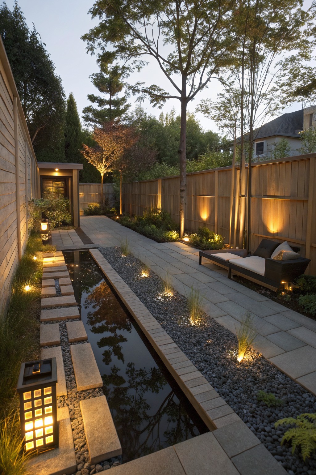 Narrow backyard path with irregular stone stepping stones spanning a linear reflecting pool, bordered by gravel and ornamental grasses, wooden fences, lanterns, trees, and warm ground lighting at dusk.