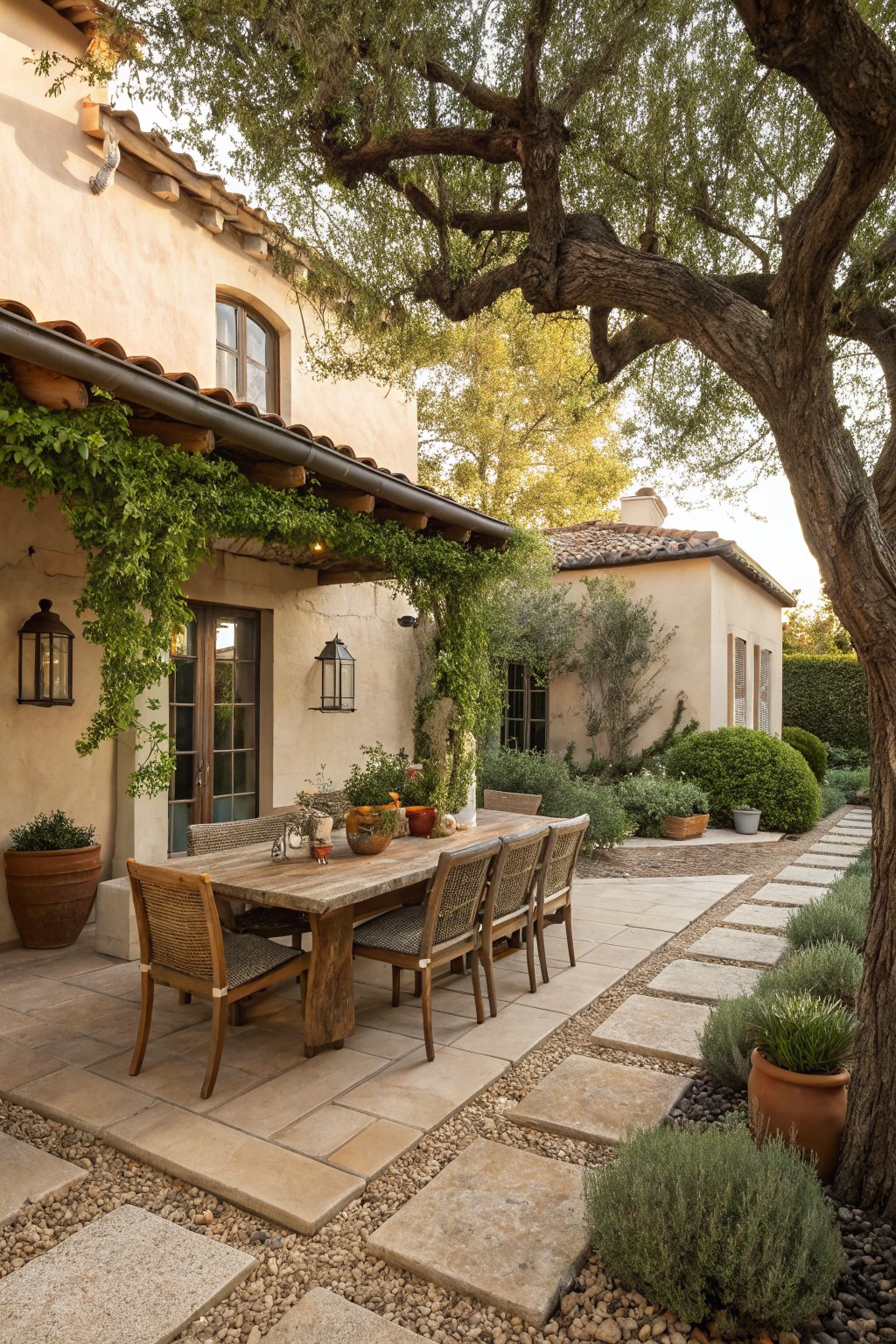 Rustic wooden dining table and chairs on a stone patio under a vine-draped pergola next to a beige stucco house, with olive trees, lavender plants, terracotta pots, and a stepping stone path in the backyard.