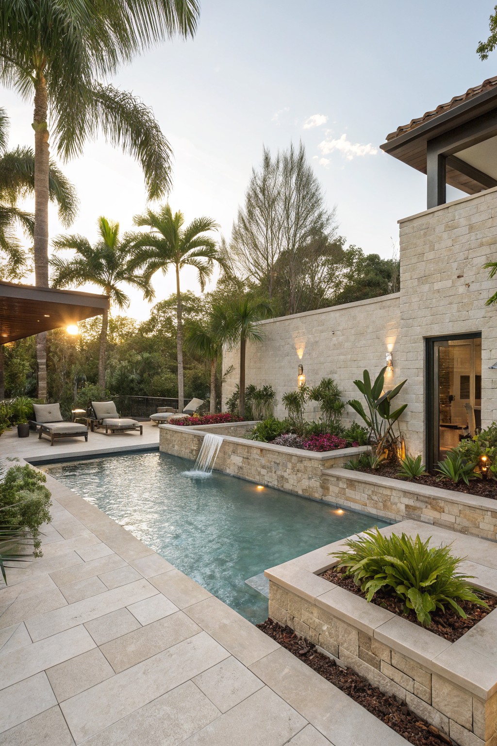 Long narrow turquoise pool with waterfall cascading from raised beige stone edge with plants, lounge chairs on beige tile decking, palm trees, and house wall nearby at sunset.