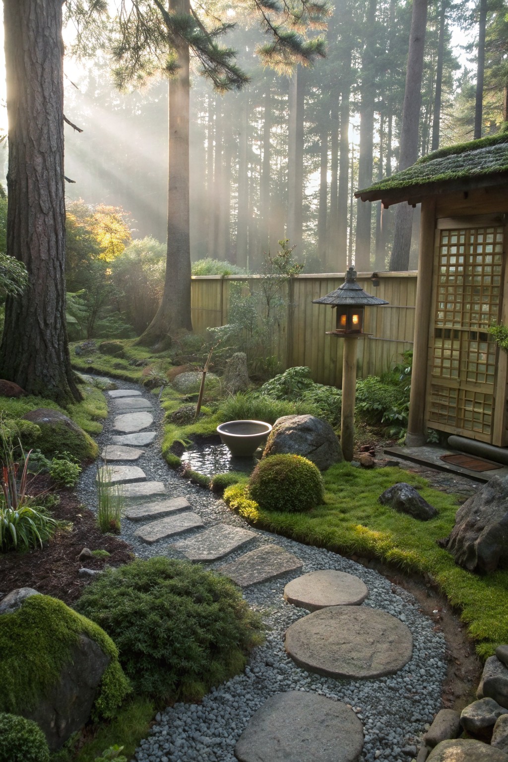 Winding path of irregular flat stepping stones through mossy ground cover, gravel, rocks, low plants, a small pond, stone lantern, and wooden Japanese-style structure in a forested backyard with sunlight filtering through trees.