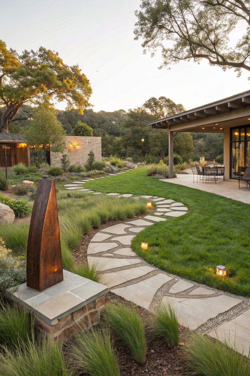 Backyard landscape with curving irregular stone pathway through green lawn edged by ornamental grasses, a tall bronze sculpture on stone base, path lights, leading to covered patio with chairs and tables, oak trees and hills in background at dusk.