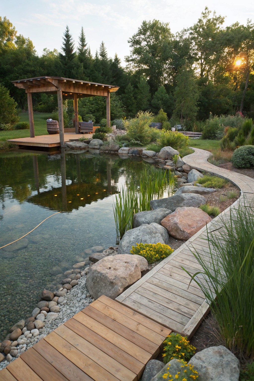 A curving wooden boardwalk path winds around a clear pond edged with large boulders, gravel, reeds, and yellow flowers, near a wooden deck and pergola in a wooded backyard at sunset.