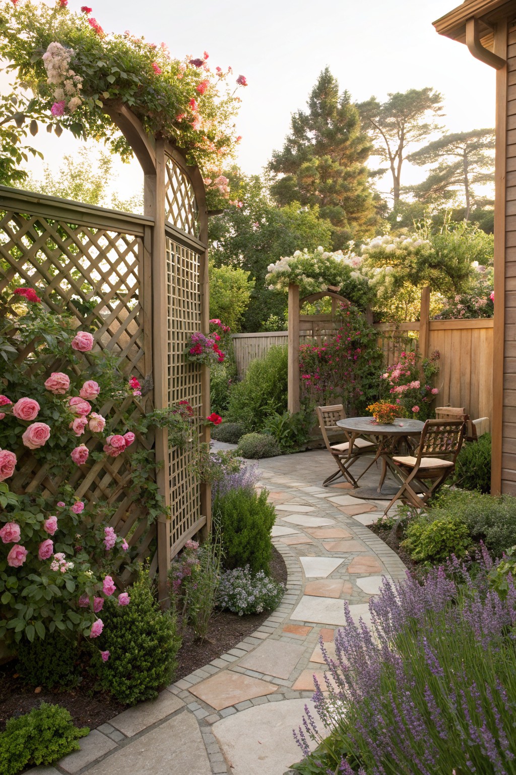 Wooden arbors and lattice fences covered in pink climbing roses frame a winding stone path in a backyard garden, with a small round table and folding chairs nearby amid green shrubs and lavender.