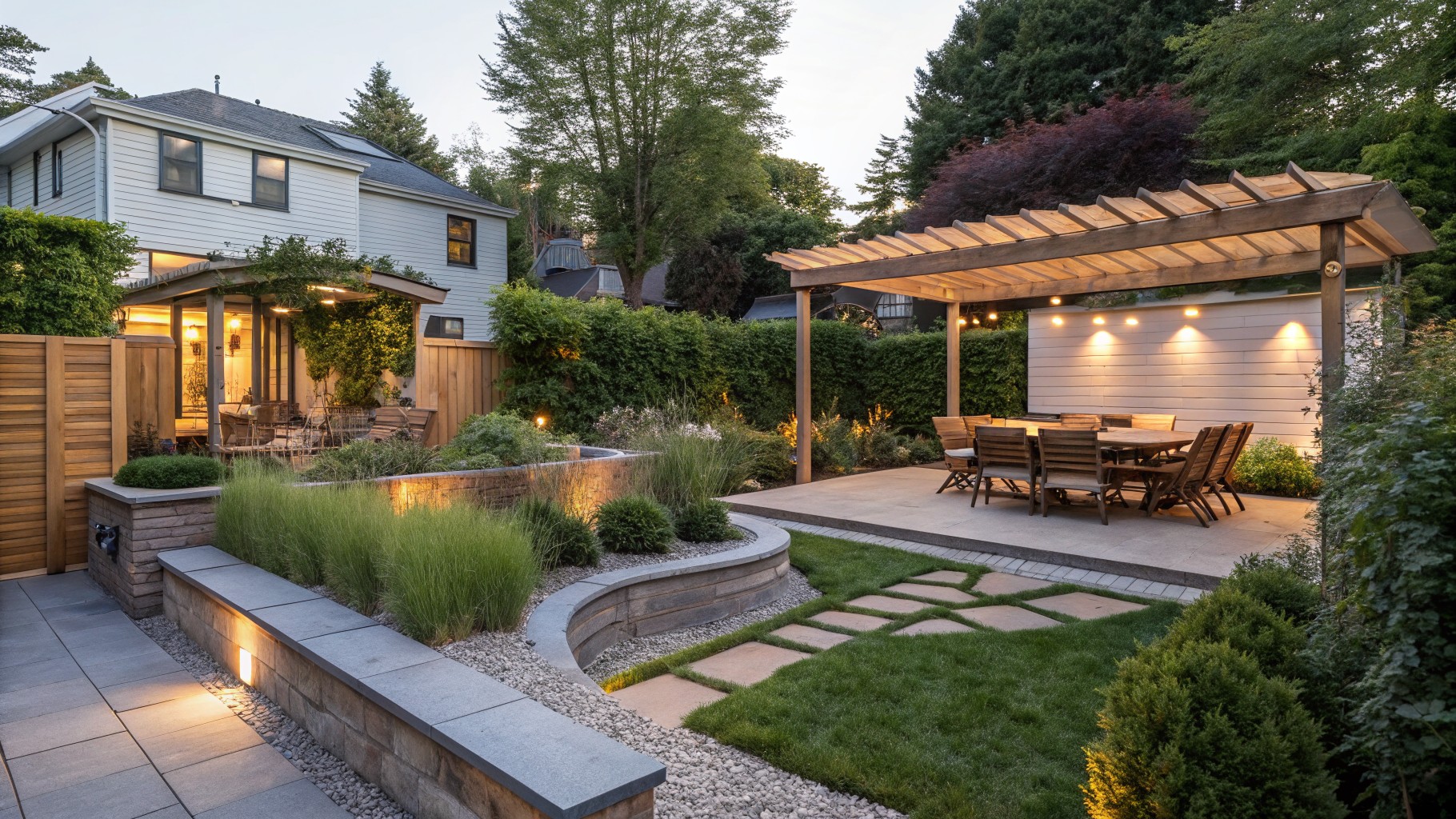 Backyard landscape with curved dark stone retaining wall lined with tall ornamental grasses, winding gray paver path through plant beds, wooden fence partially screened by hedges, patio with wooden table and chairs under pergola extending from house.