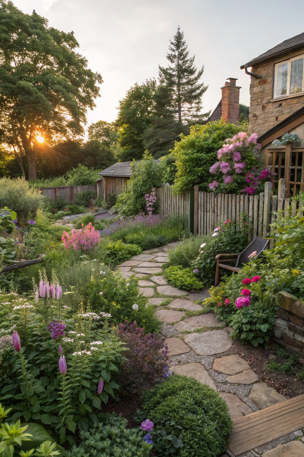Winding flagstone path through lush backyard garden beds with tall pink foxglove flowers, pink shrub blooms, green foliage, wooden bench, picket fence, wooden shed, stone house, trees, and evening sky.