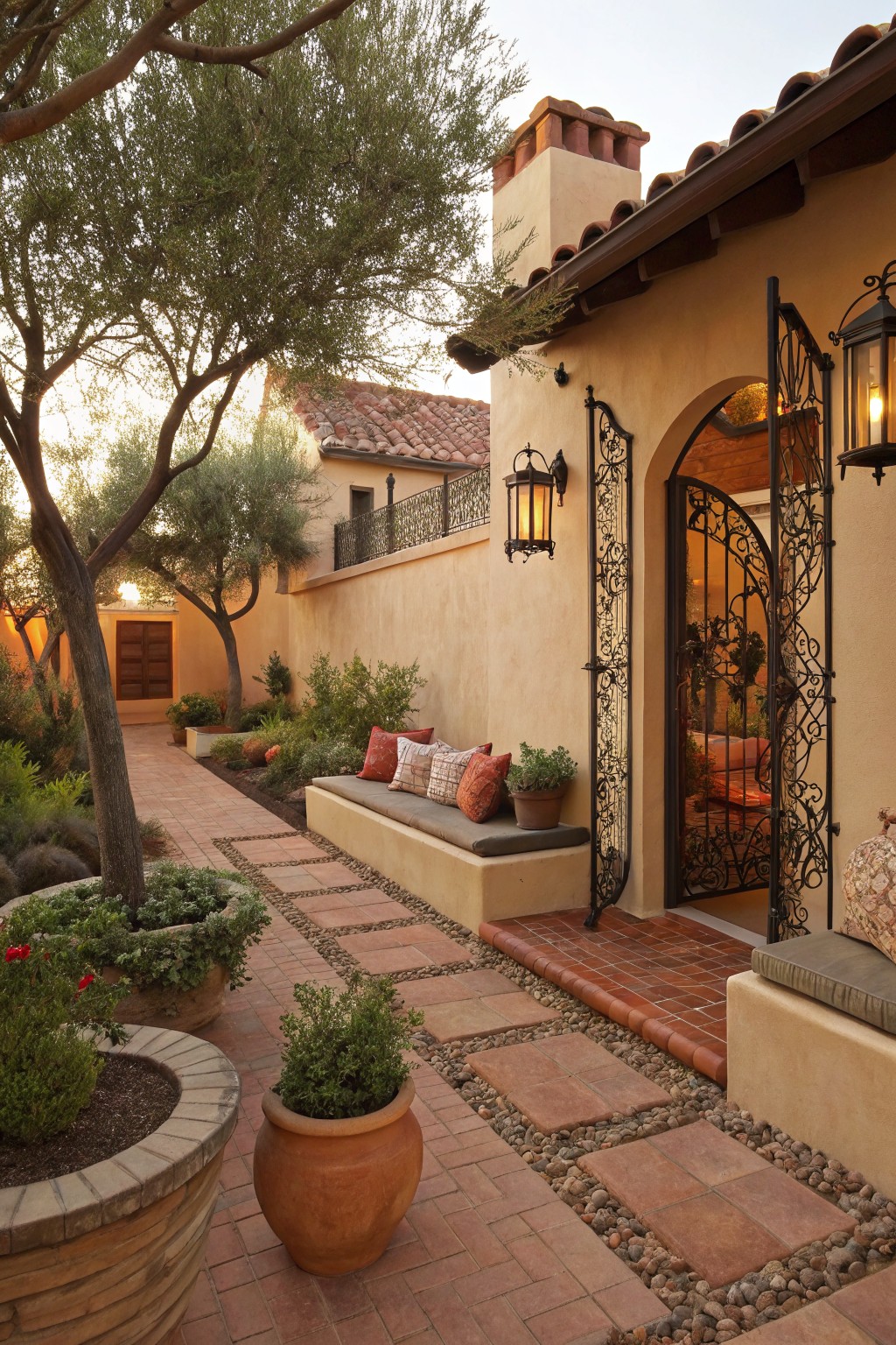 A gravel and terracotta paver path lined with olive trees, potted plants, and built-in benches leads to an arched wrought-iron gate set in a beige stucco wall with wall lanterns.