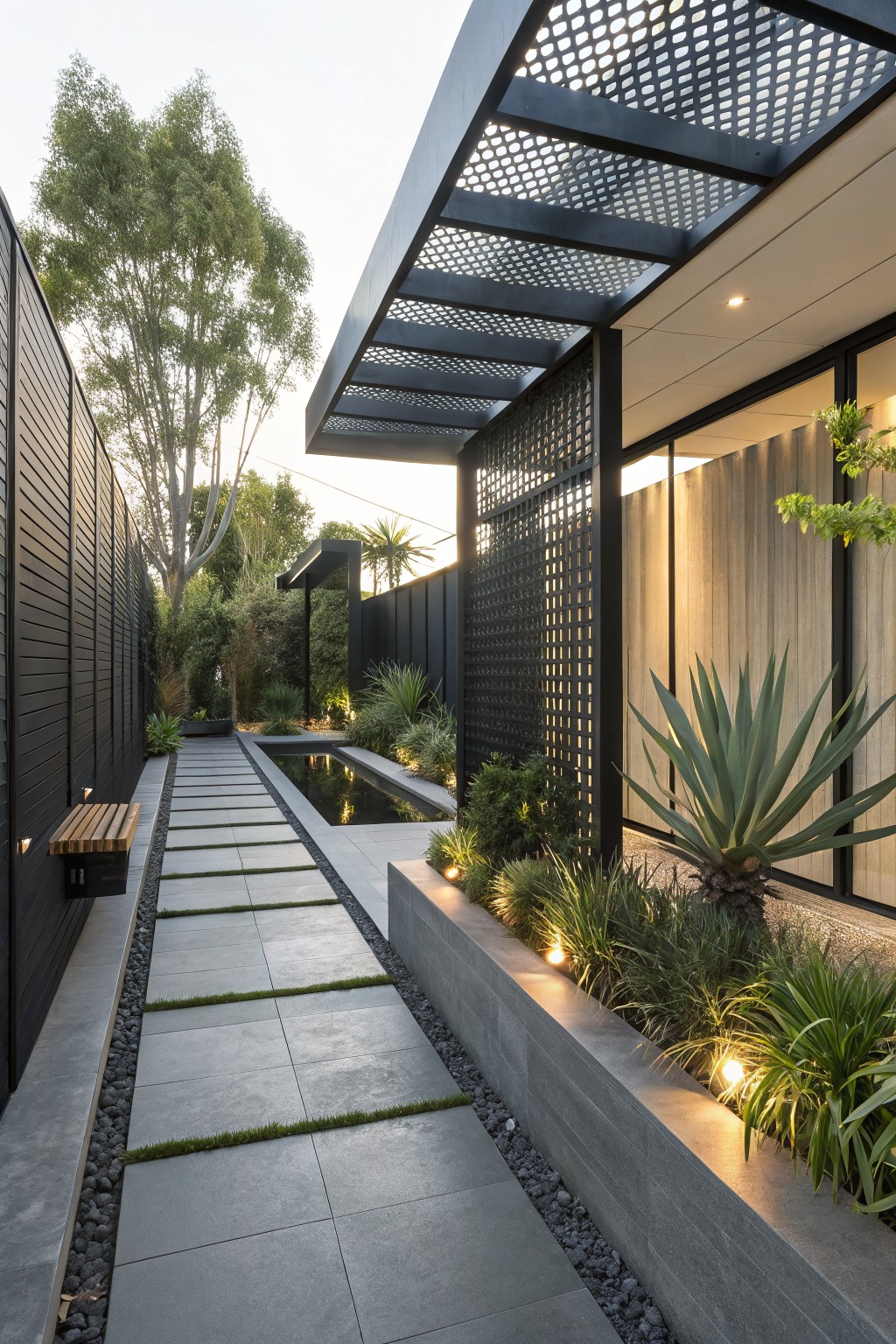 Narrow backyard pathway with tall black perforated metal screens on both sides, gray stone pavers, a rectangular reflecting pool, pebble and plant borders, agave plants, a wooden bench, and trees in the background.
