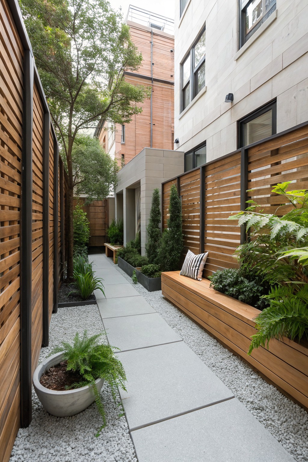 Narrow backyard pathway with concrete pavers flanked by slatted wooden fences with black metal frames, gravel borders, potted ferns, a wooden bench with striped cushions, and surrounding trees and shrubs.
