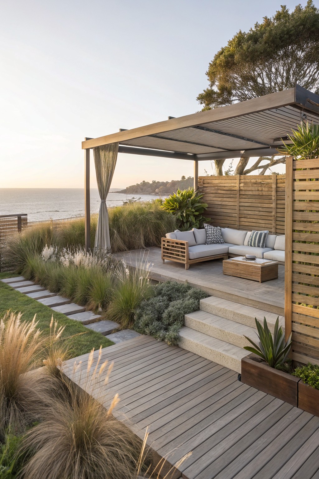Wooden slatted pergola with sheer curtains covers an L-shaped beige sofa and wooden coffee table on a gray deck overlooking the ocean, with slatted fences, tall grasses, and stone steps nearby.
