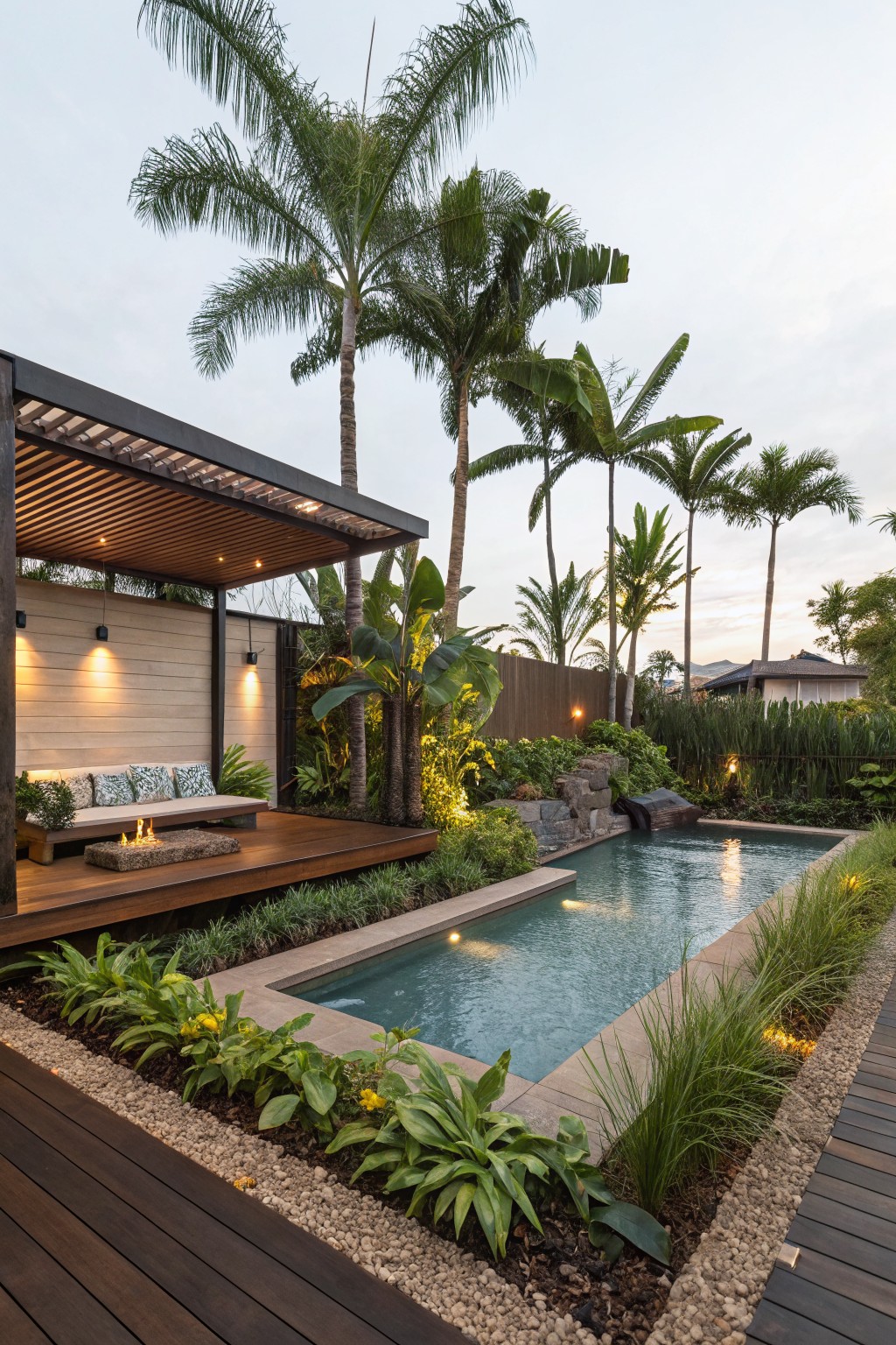 Wooden slatted pergola covering a deck with built-in bench seating, pillows, and stone fire pit adjacent to a narrow rectangular turquoise pool, surrounded by tropical palms, ferns, and pebble borders in a backyard.