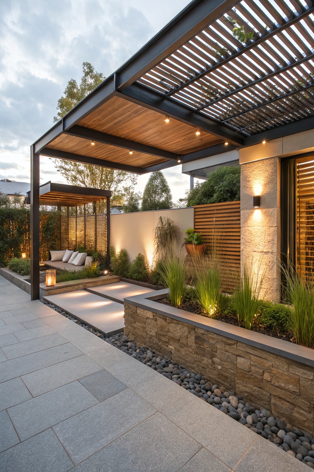 Backyard patio with two black metal pergolas topped by wooden slats, one enclosing cushioned seating amid plants, stone paths, pebble borders, grasses, and a house wall with wood screens and lights.