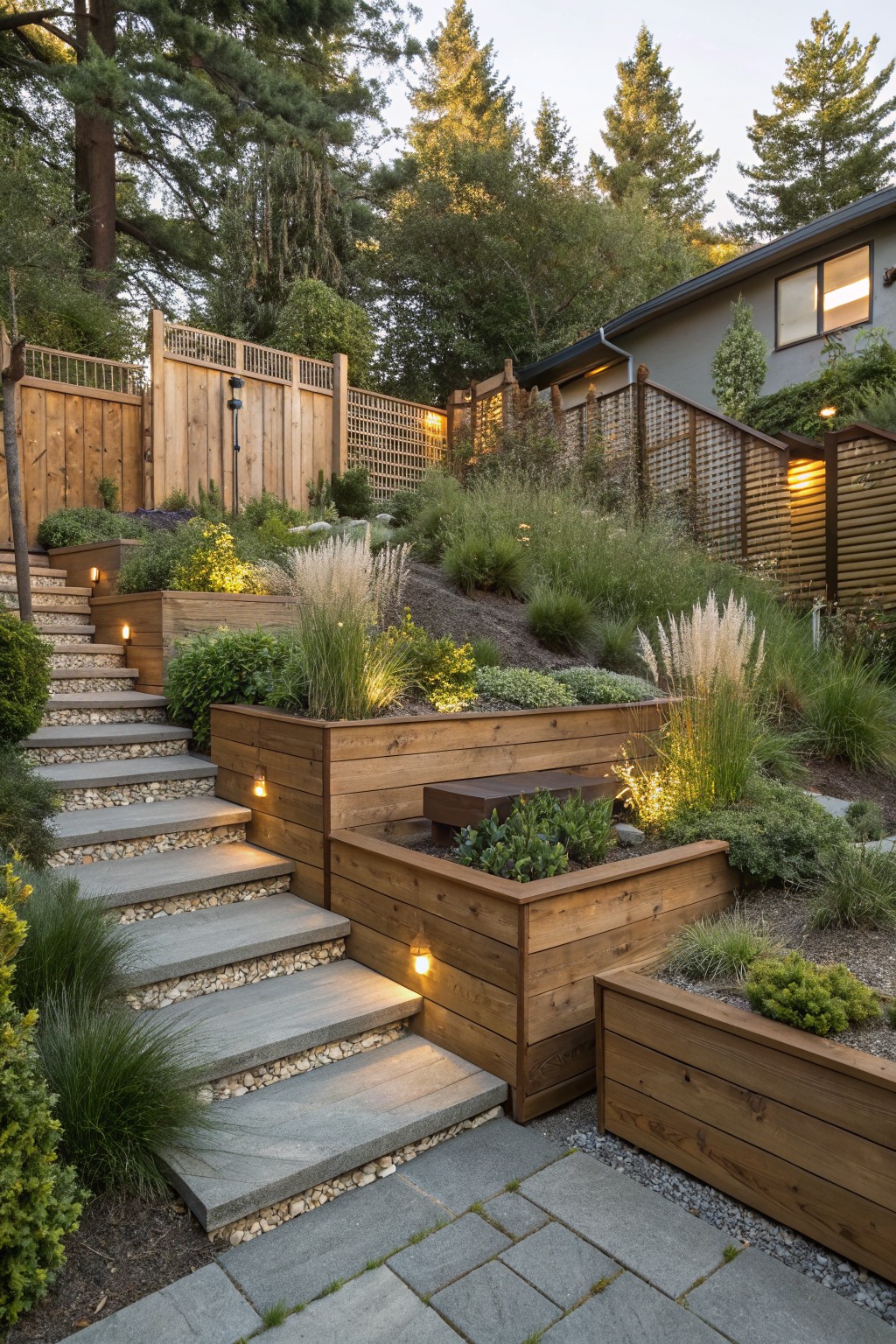 Stone steps ascending a wooded slope, integrated with rectangular wooden planter boxes filled with ornamental grasses and succulents, low-voltage lights along the edges, and a lattice wooden fence nearby.