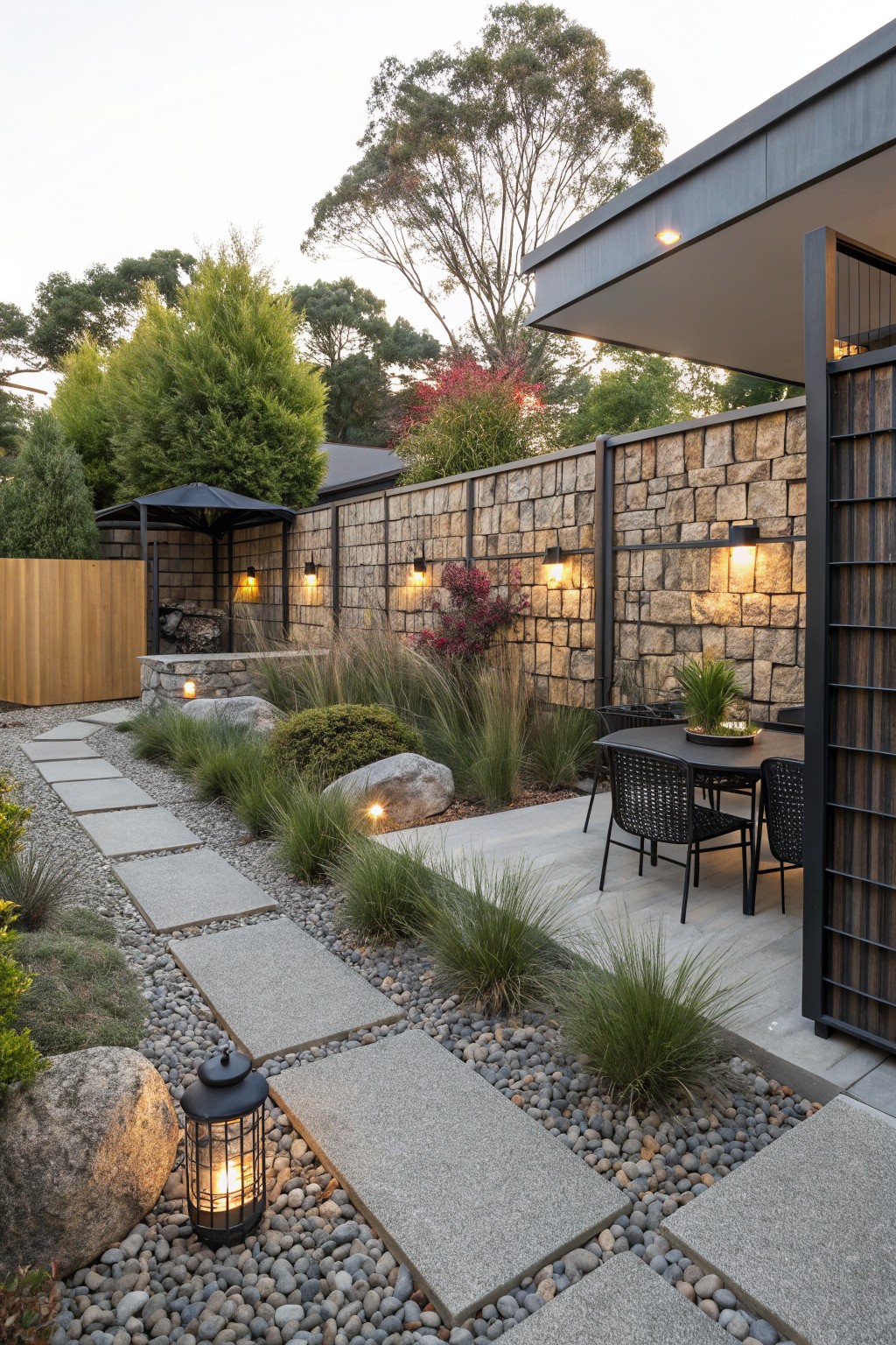 Backyard with a tall textured stone privacy wall topped with plants, a concrete paver path through gravel and ornamental grasses past boulders and lanterns, leading to black metal outdoor dining furniture beside a modern house gate.