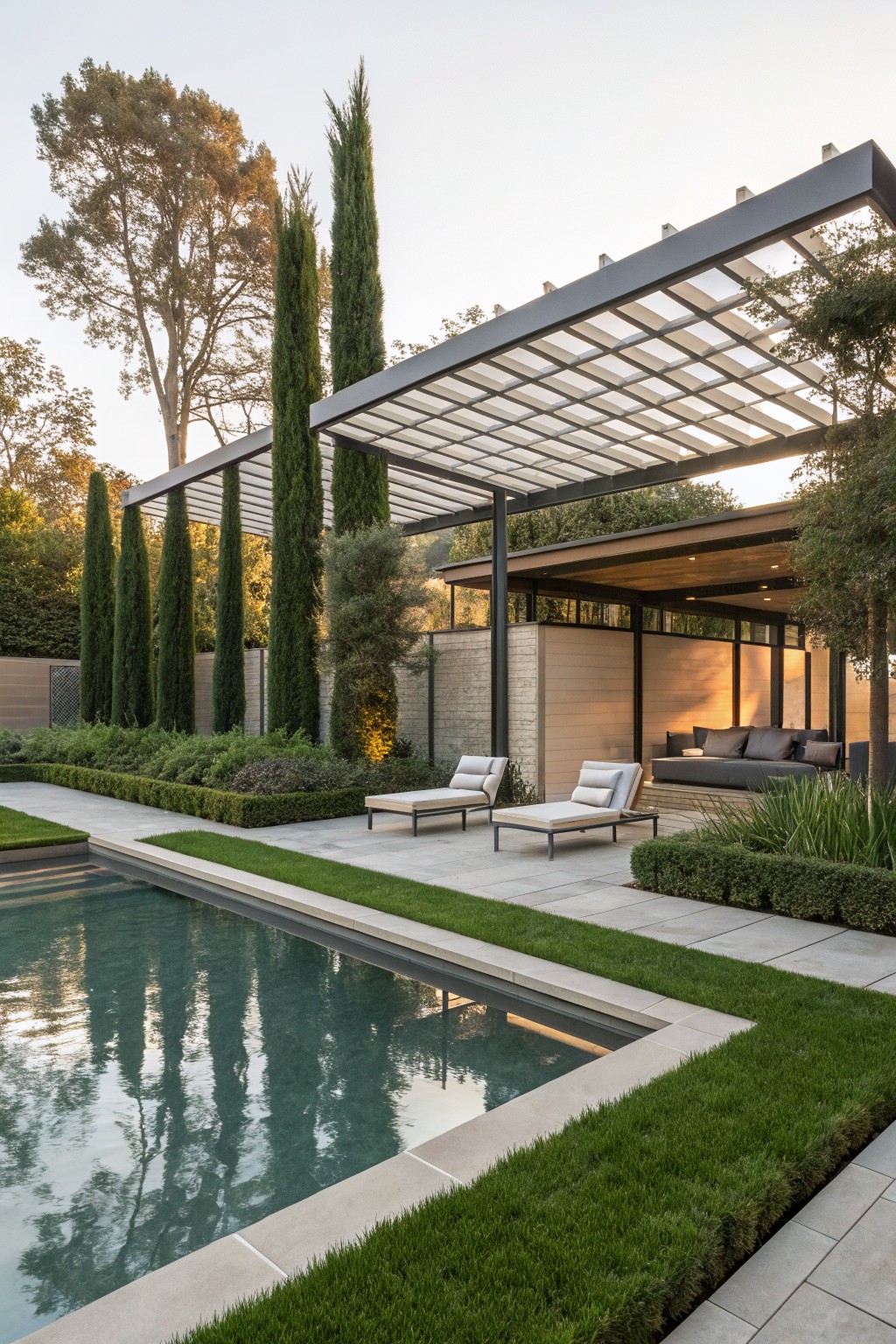 Backyard pool with turquoise water edged by pavers and grass, flanked by tall slender cypress trees along a fence, lounge chairs on decking near a modern covered pavilion with seating.