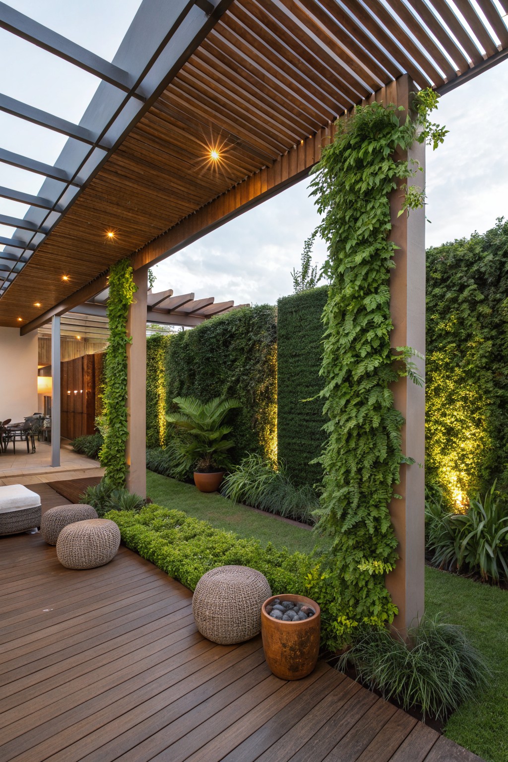 Wooden deck with three woven poufs, a terracotta pot of stones, potted plants, and low greenery edging, screened by tall ivy-covered posts and dense green hedges under a slatted wooden pergola, with lawn and house visible nearby.