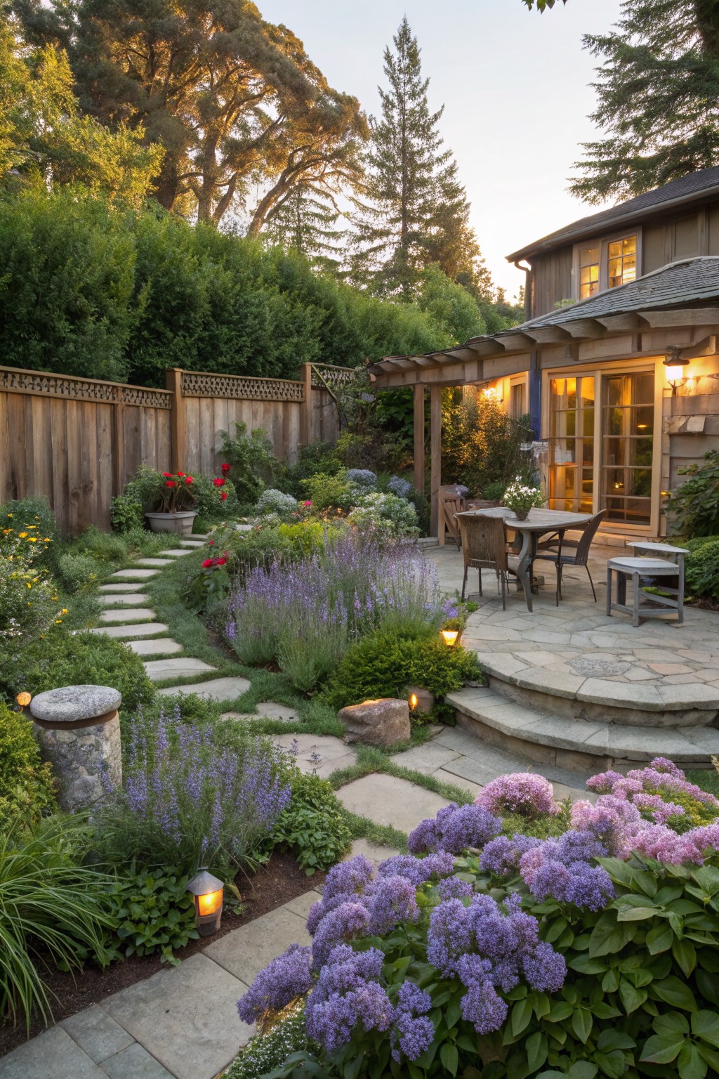 Winding stone path through garden beds with purple lavender, pink hydrangea blooms, red flowers, and green shrubs beside a wooden lattice-top fence and stone patio with table, chairs, and house exterior in evening light.