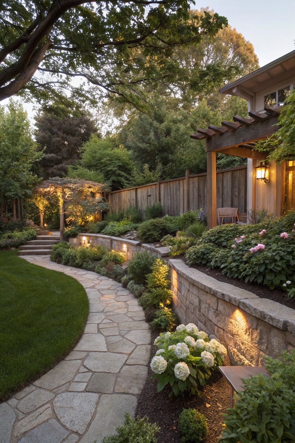 Curving flagstone path winds through a backyard lawn bordered by tiered stone retaining walls with shrubs, flowers, and hydrangeas, leading toward a pergola-covered patio area near a house fence, with landscape lighting along the walls.