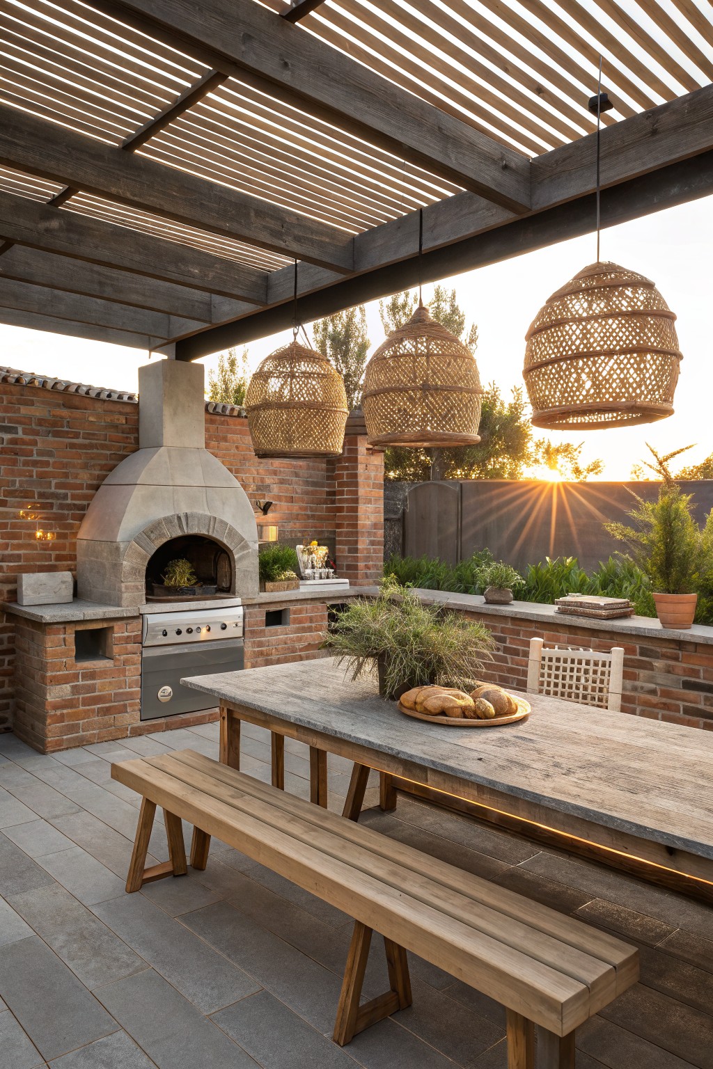 Backyard patio with dome-shaped brick wood-fired pizza oven and built-in gas grill on brick counter, wooden trestle table with benches, hanging rattan lanterns under slatted wooden pergola, plants along brick wall, stone tile floor at sunset.