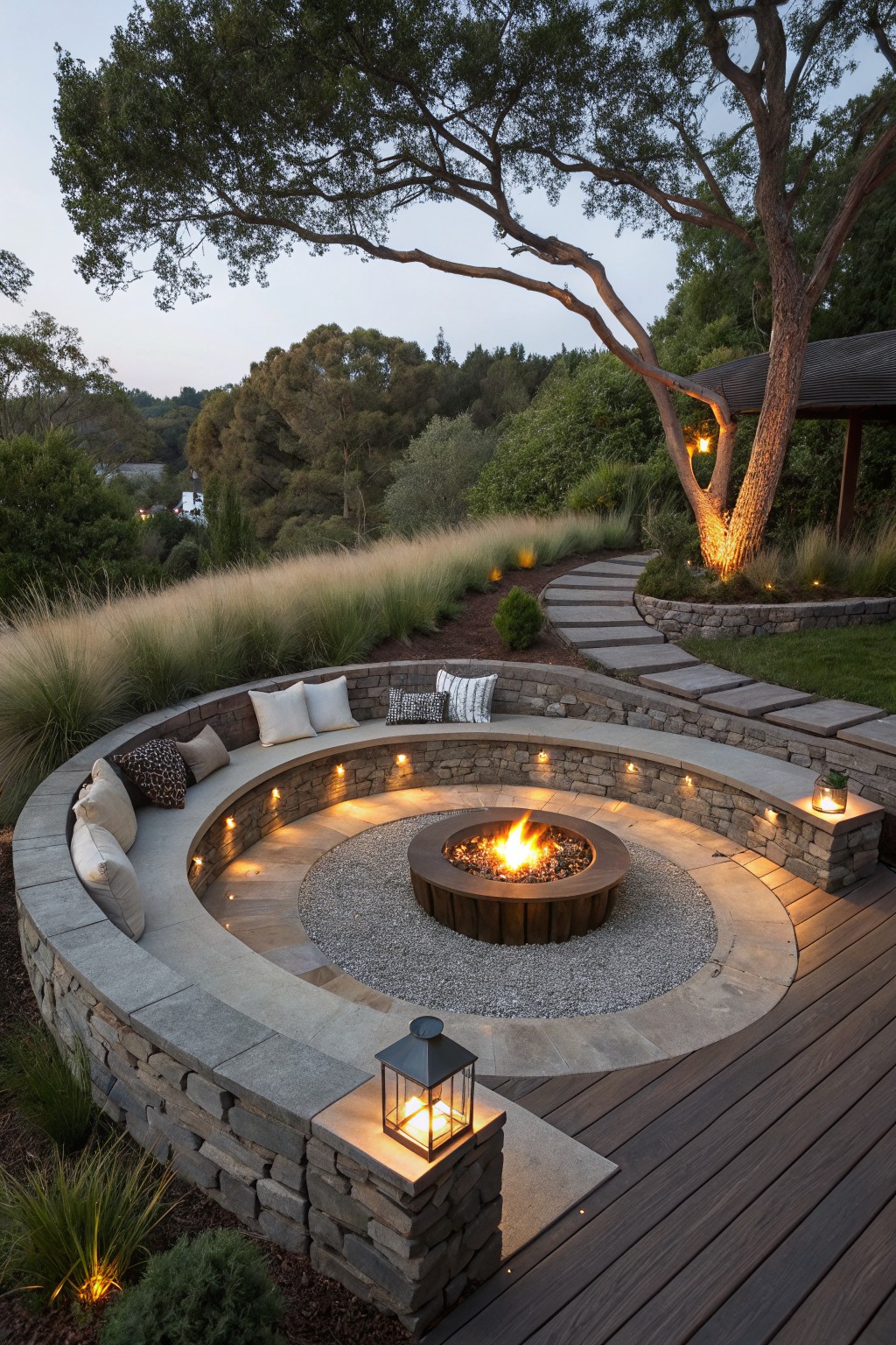 A circular fire pit on a backyard deck surrounded by curved built-in stone benches with integrated lighting, gravel fill, lanterns, and adjacent stone path amid landscaping at dusk.