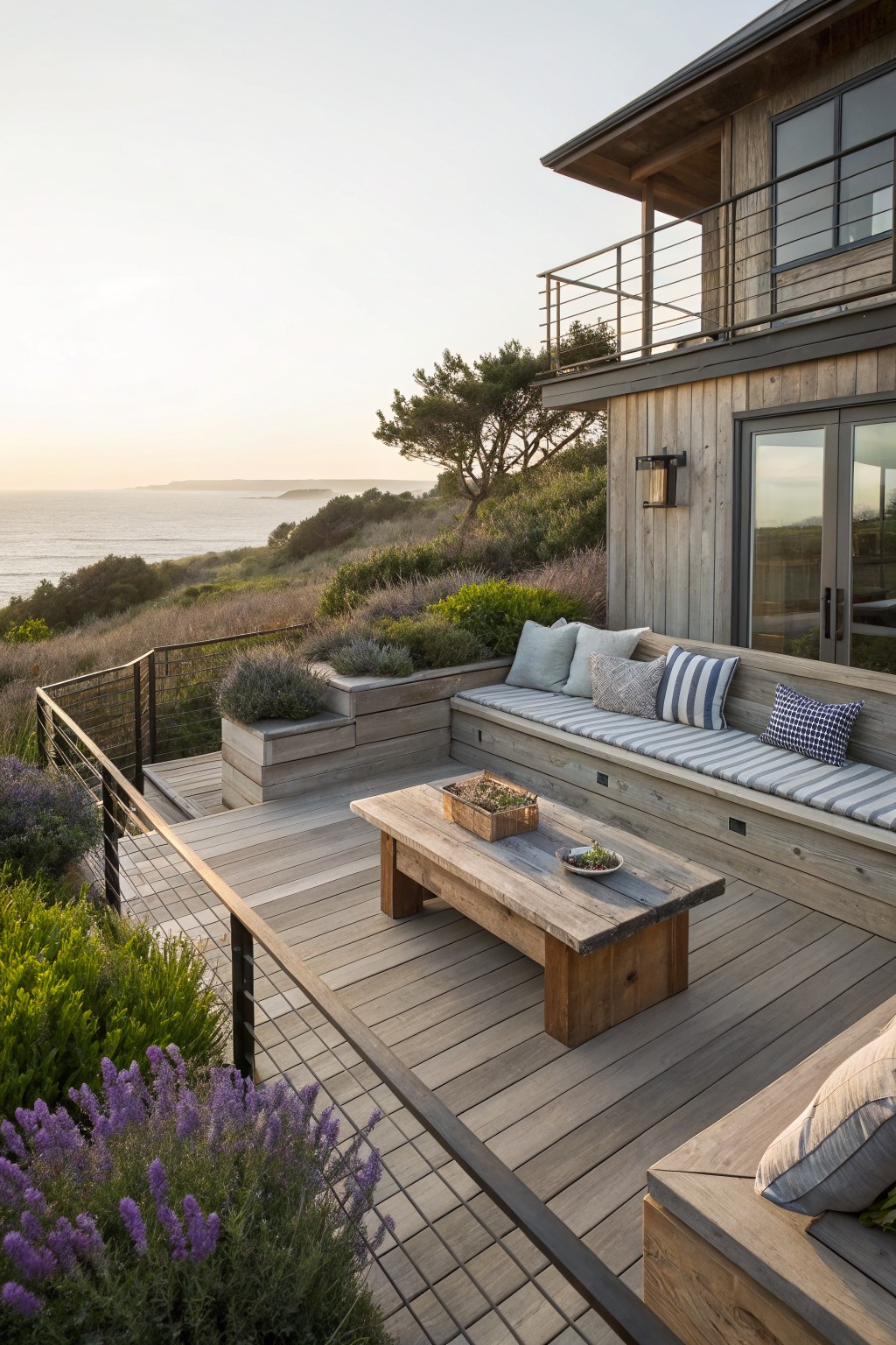 Wooden deck balcony with built-in bench seating along one side, cushions in stripes and patterns, low wooden table with bowl and plate, metal cable railing, potted lavender plants, attached to cedar-shingled house wall with glass doors, overlooking ocean and coastal hillside at sunset.
