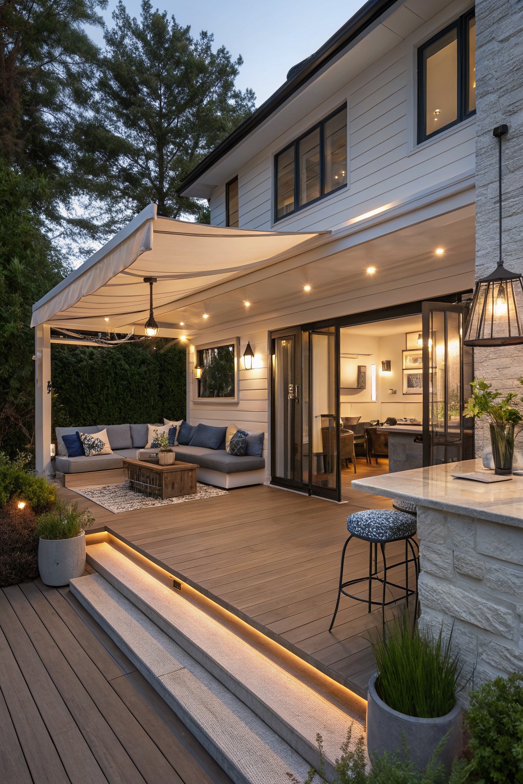 White modern house exterior at dusk with open sliding glass doors to kitchen area, adjacent wood deck featuring beige fabric awning over L-shaped gray sofa with blue pillows and wood coffee table, quartz bar counter with blue stool, potted plants, steps with LED lighting, and surrounding greenery.