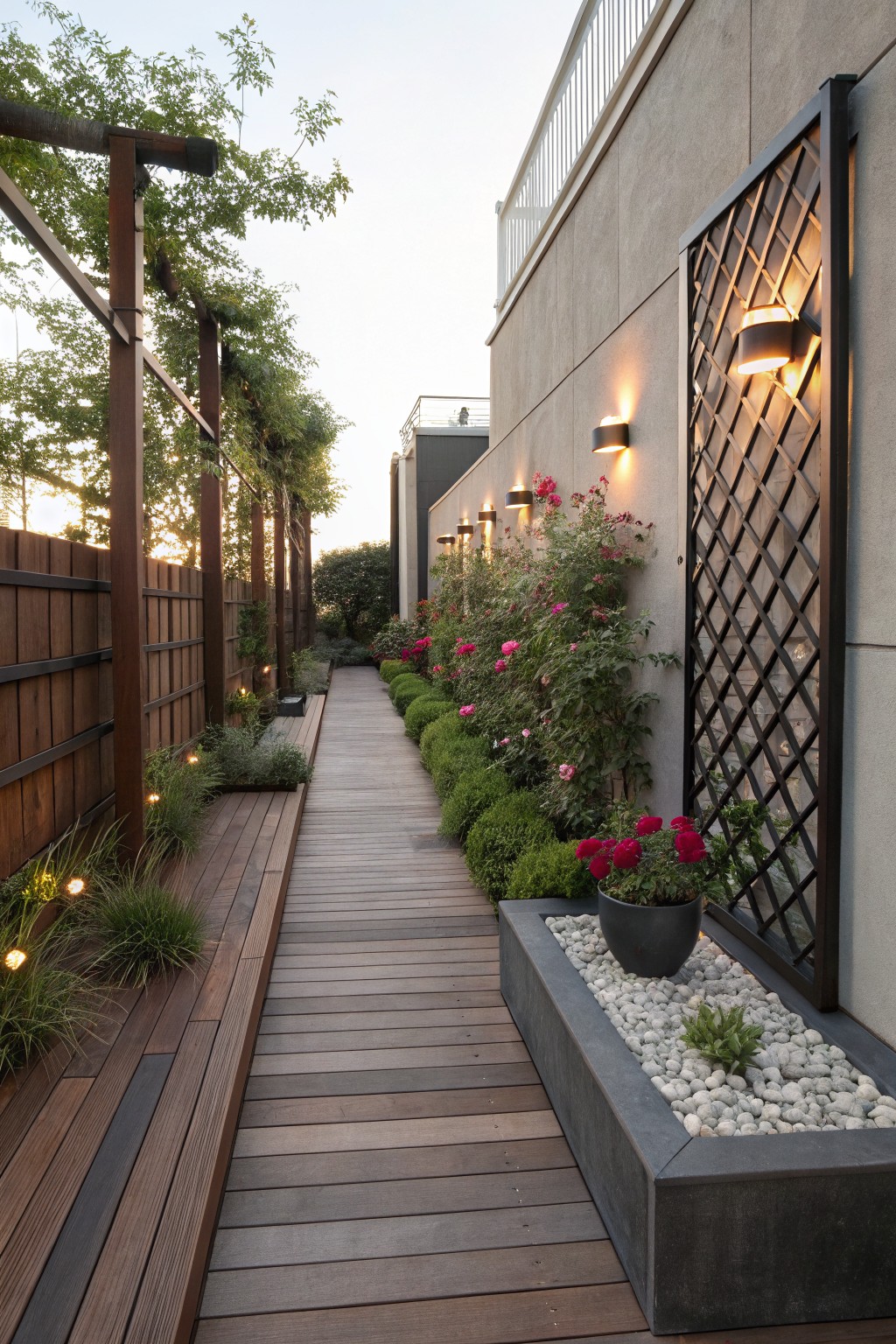 Narrow wooden deck pathway bordered by rose bushes, boxwood shrubs, ornamental grasses, and a gravel-filled concrete planter, framed by vine-covered wooden pergola posts and illuminated by wall-mounted lights against a concrete wall.