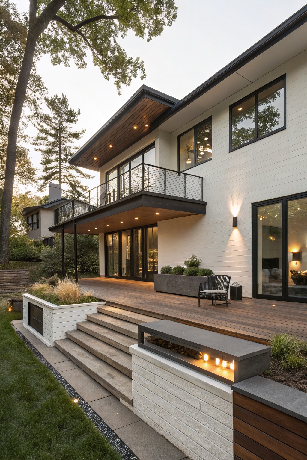 White brick modern house exterior with multi-level wooden deck and balcony, wooden stairs flanked by planters and a lit linear fire pit in concrete box, leading from grassy yard with path lighting.