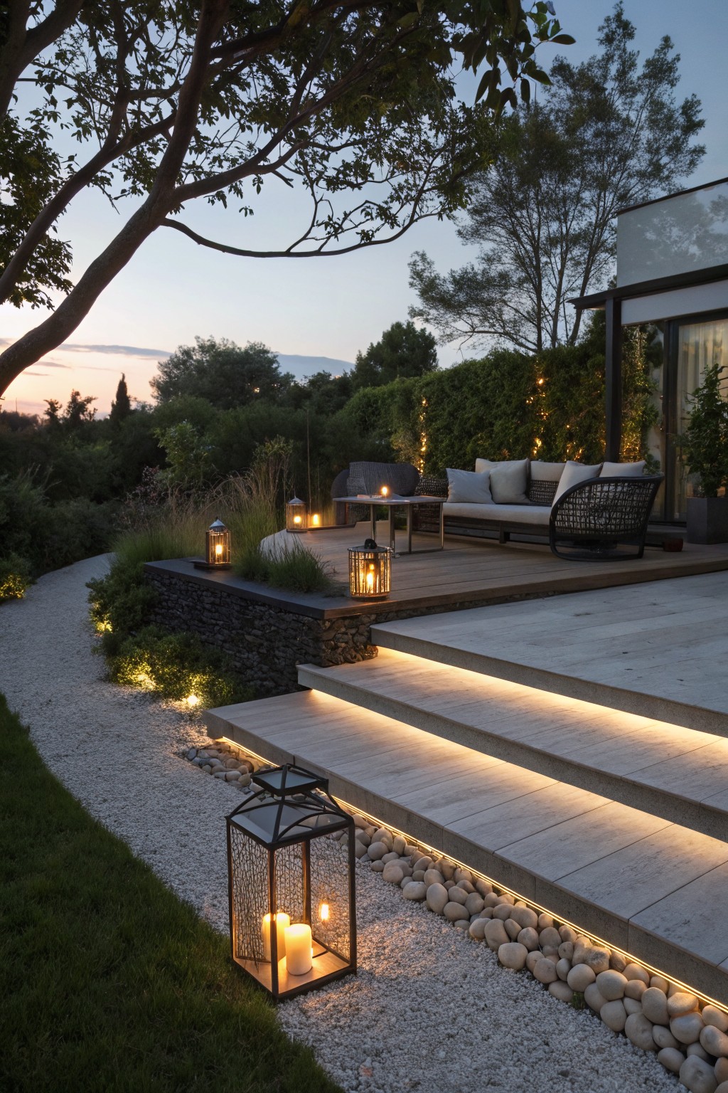 Wooden deck steps with LED strip lighting underneath leading to an elevated deck with outdoor sofa and table, flanked by gravel path, stone wall, grasses, lanterns, and greenery at dusk.