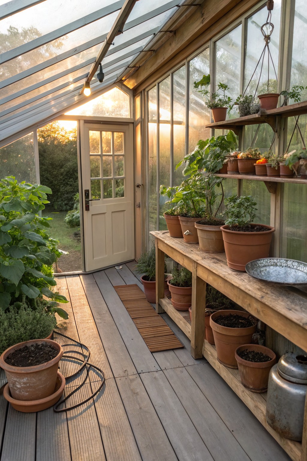 Sunlit interior of a glass greenhouse with terracotta pots of plants on wooden shelves and workbench, gray wooden deck flooring, and open cream door to garden.