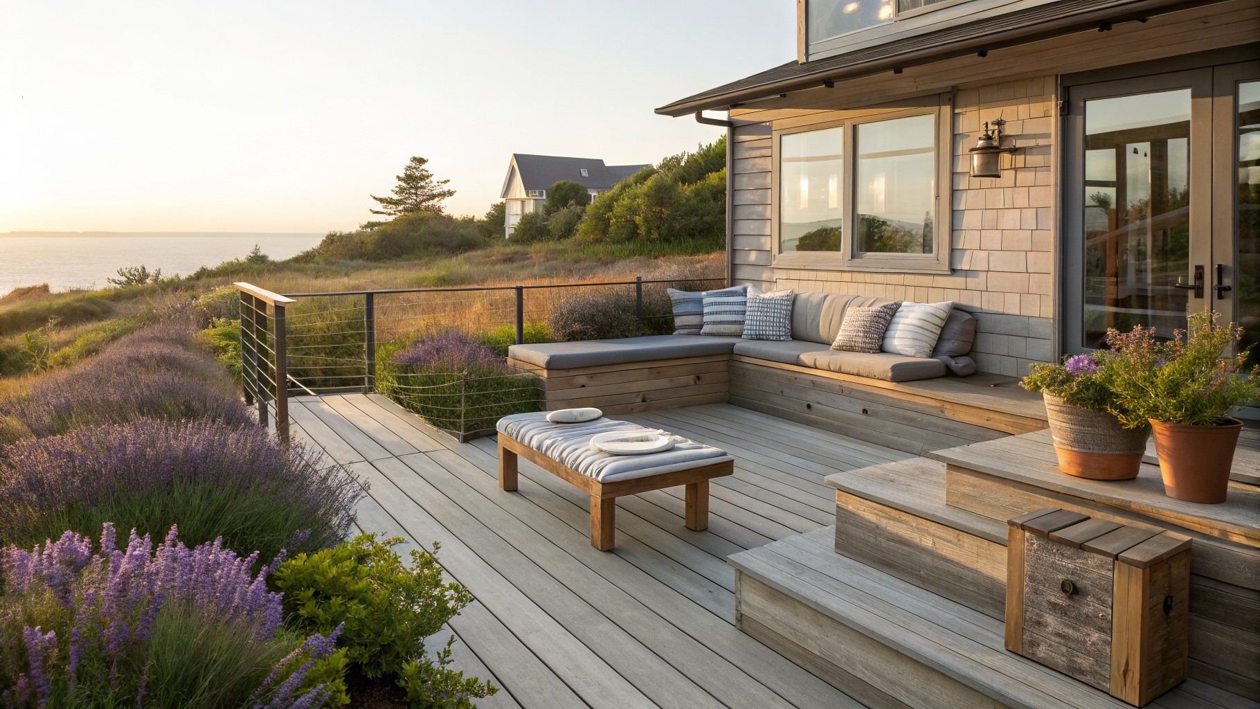 Wooden deck balcony with built-in bench seating along one side, cushions in stripes and patterns, low wooden table with bowl and plate, metal cable railing, potted lavender plants, attached to cedar-shingled house wall with glass doors, overlooking ocean and coastal hillside at sunset.