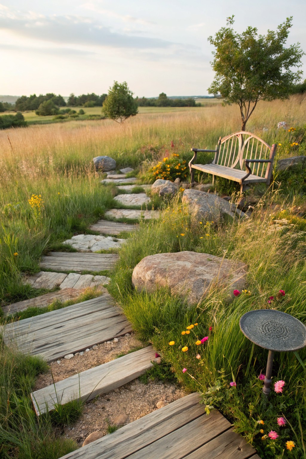 A winding garden path of irregular flat stones and weathered wooden planks set in gravel meanders through tall grasses, wildflowers, large boulders, and a birdbath toward a wooden bench backed by a small tree.